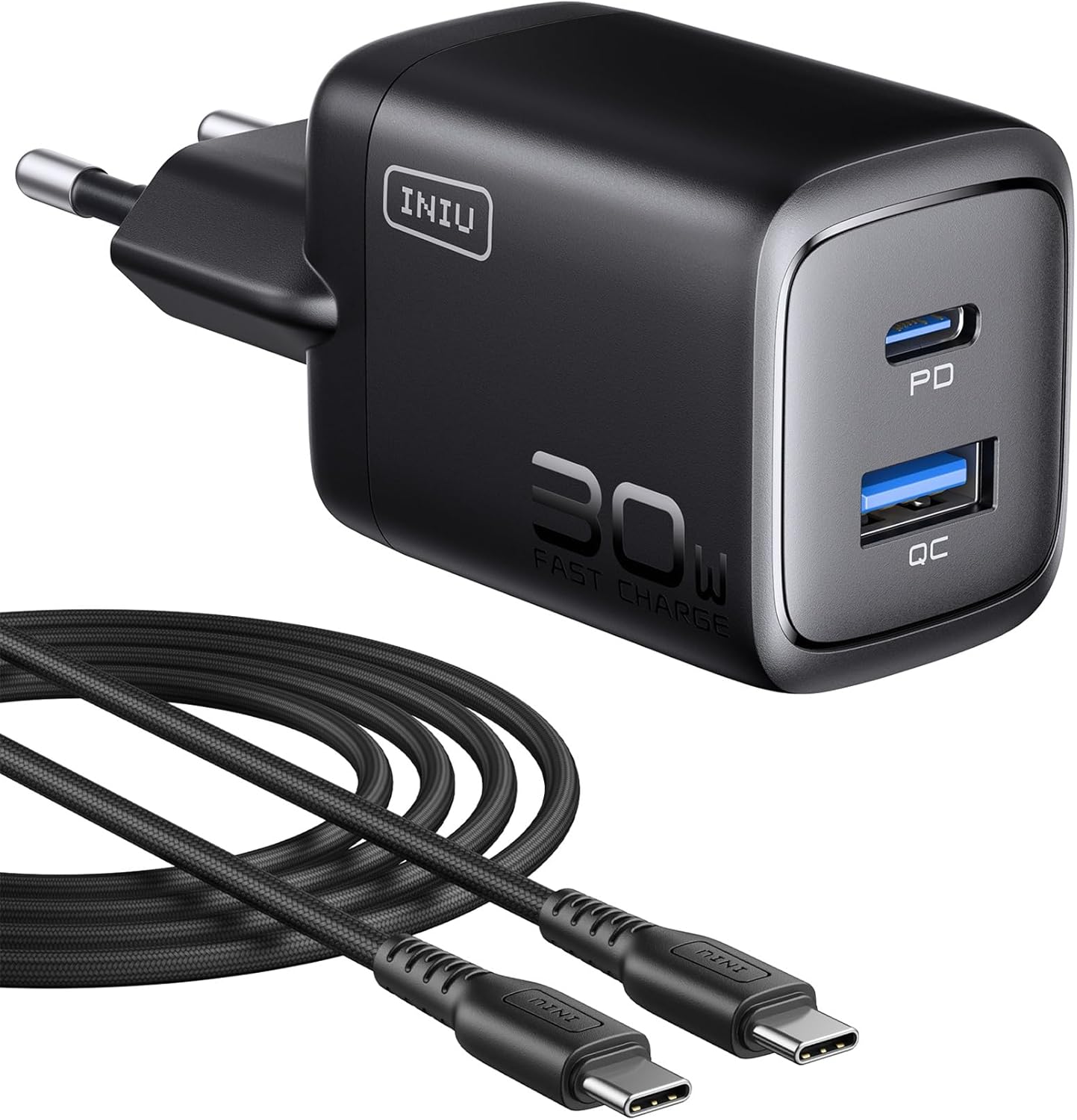 Iniu 30W Caricatore USB C PD 2 Porte GaN con Cavo - immagine 1