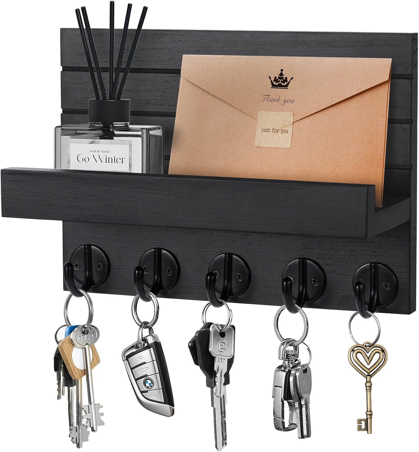 Portachiavi da Parete in Legno con 5 Ganci, Nero - immagine 1