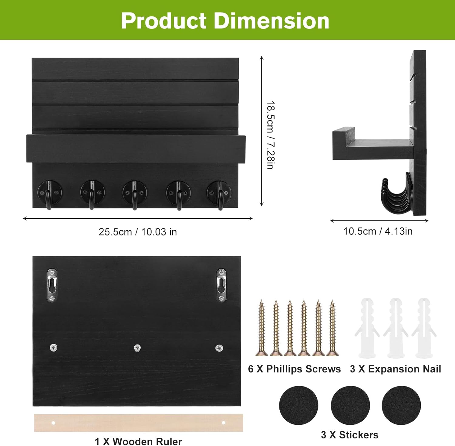 Portachiavi da Parete in Legno con 5 Ganci, Nero - immagine 3