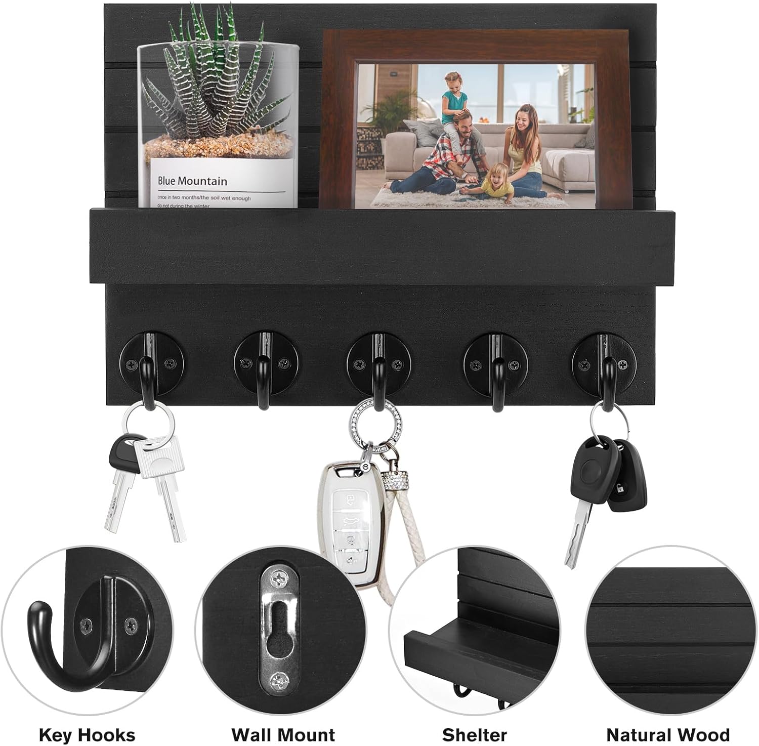 Portachiavi da Parete in Legno con 5 Ganci, Nero - immagine 6