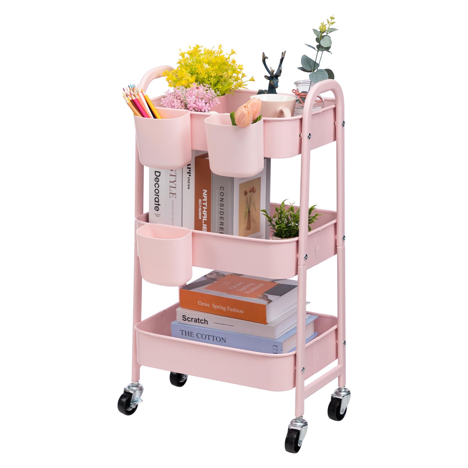Doeworks Carrello con Ruote 3 Piani in Metallo, Rosa