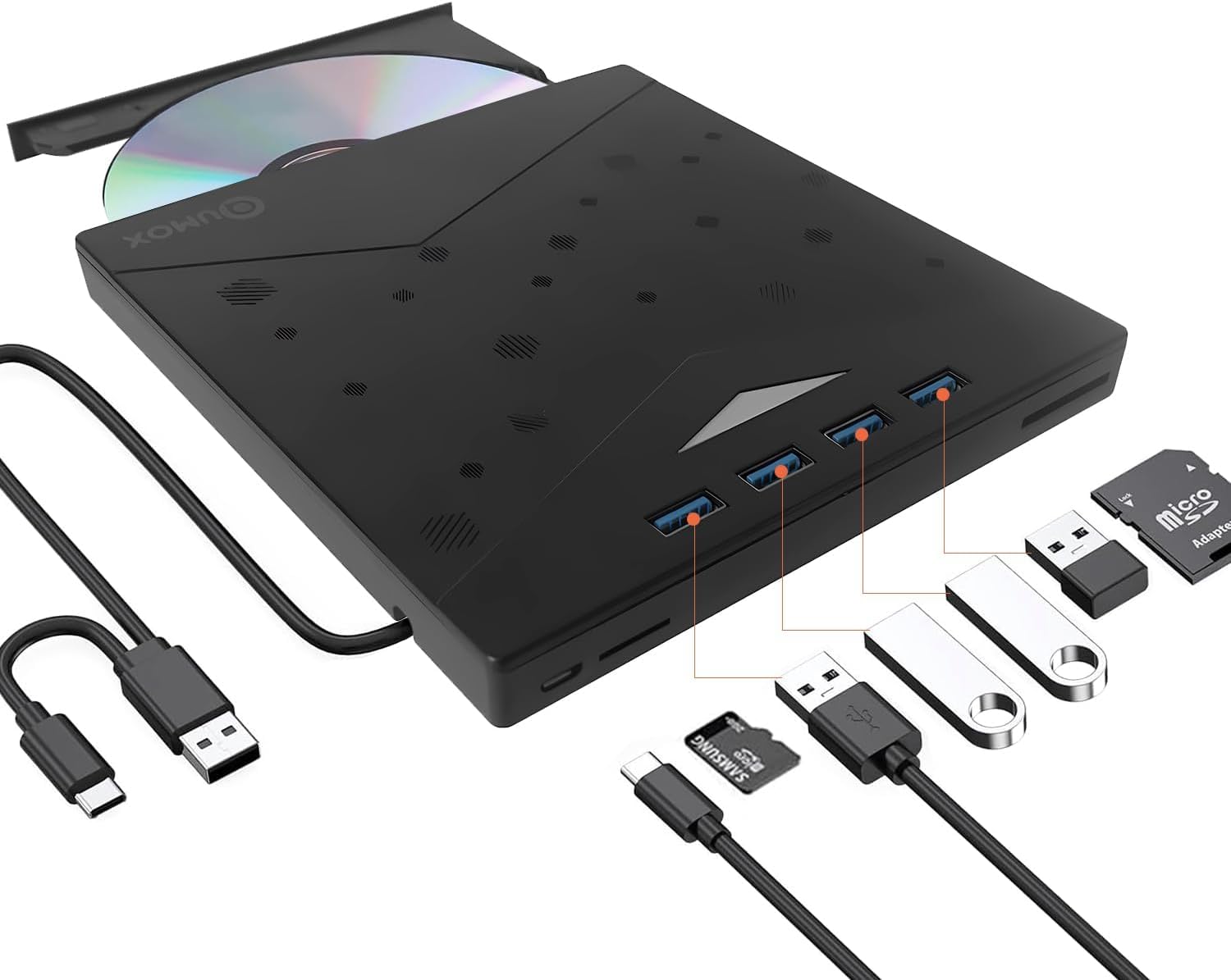 Qumox Masterizzatore Esterno CD/DVD USB 3.0 con Hub 8-in-1