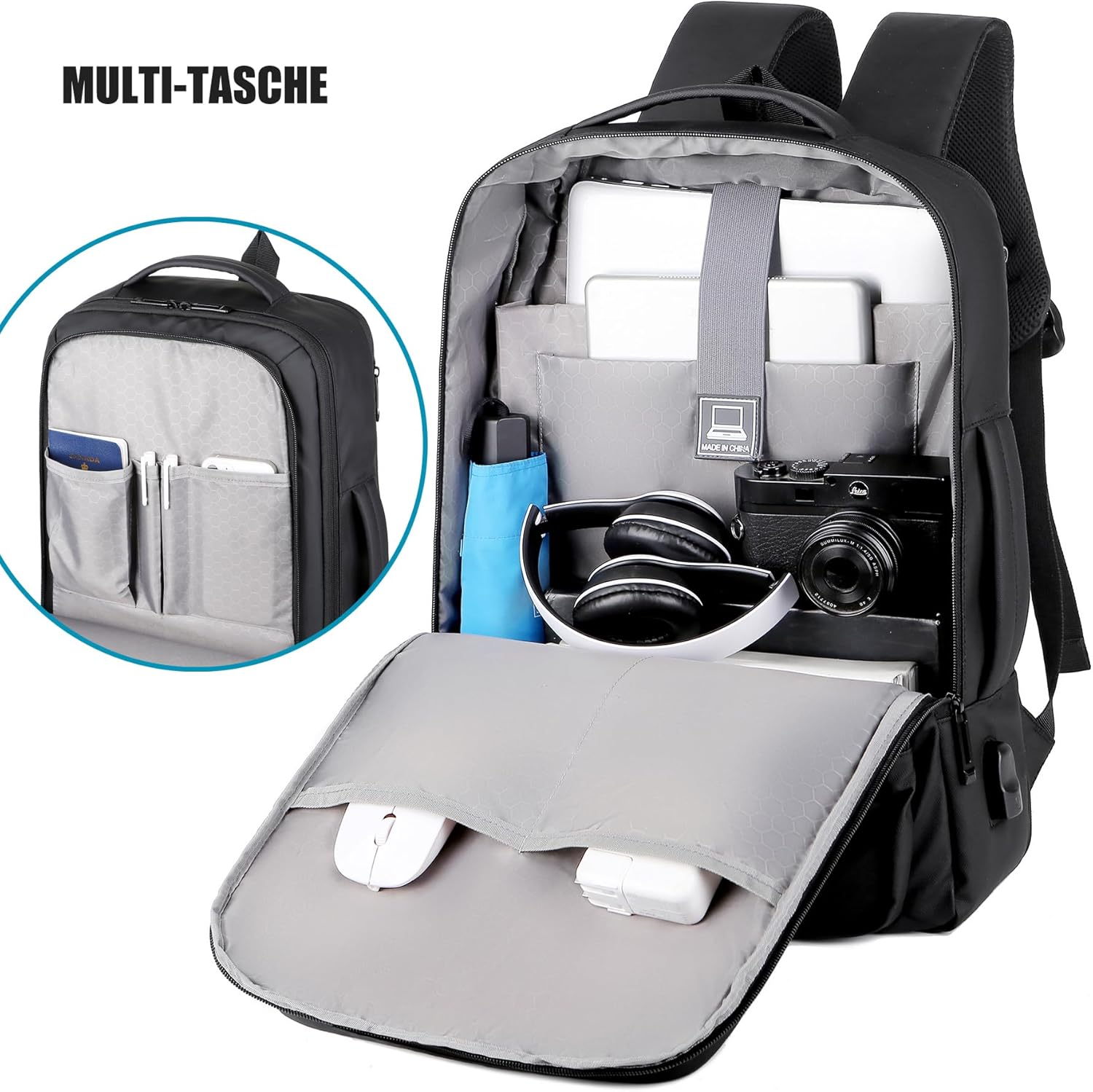 Zaino Porta PC Uomo 15.6" con Ricarica USB, Nero - immagine 3