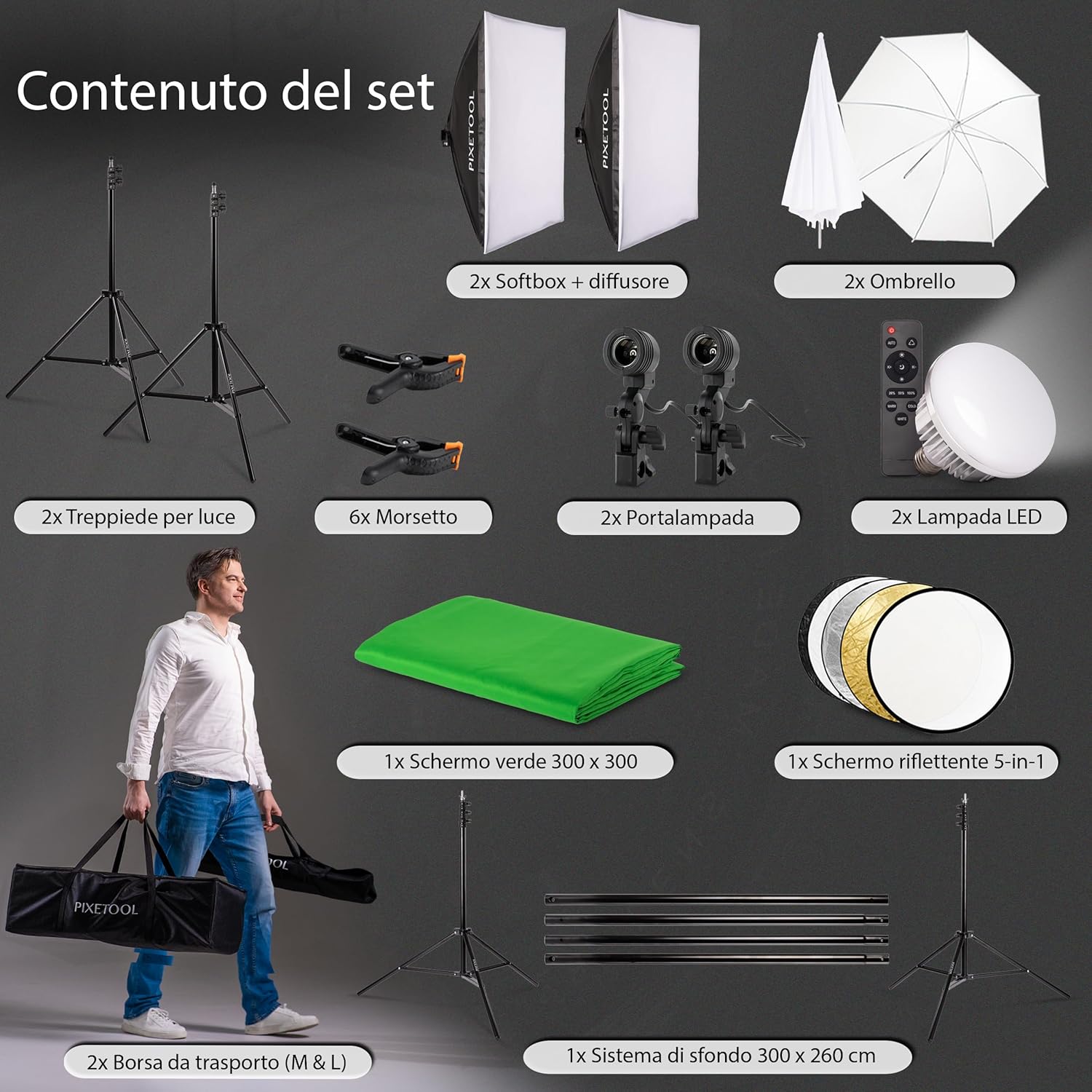 Pixetool Set Studio Fotografico con Softbox e Green Screen - immagine 11