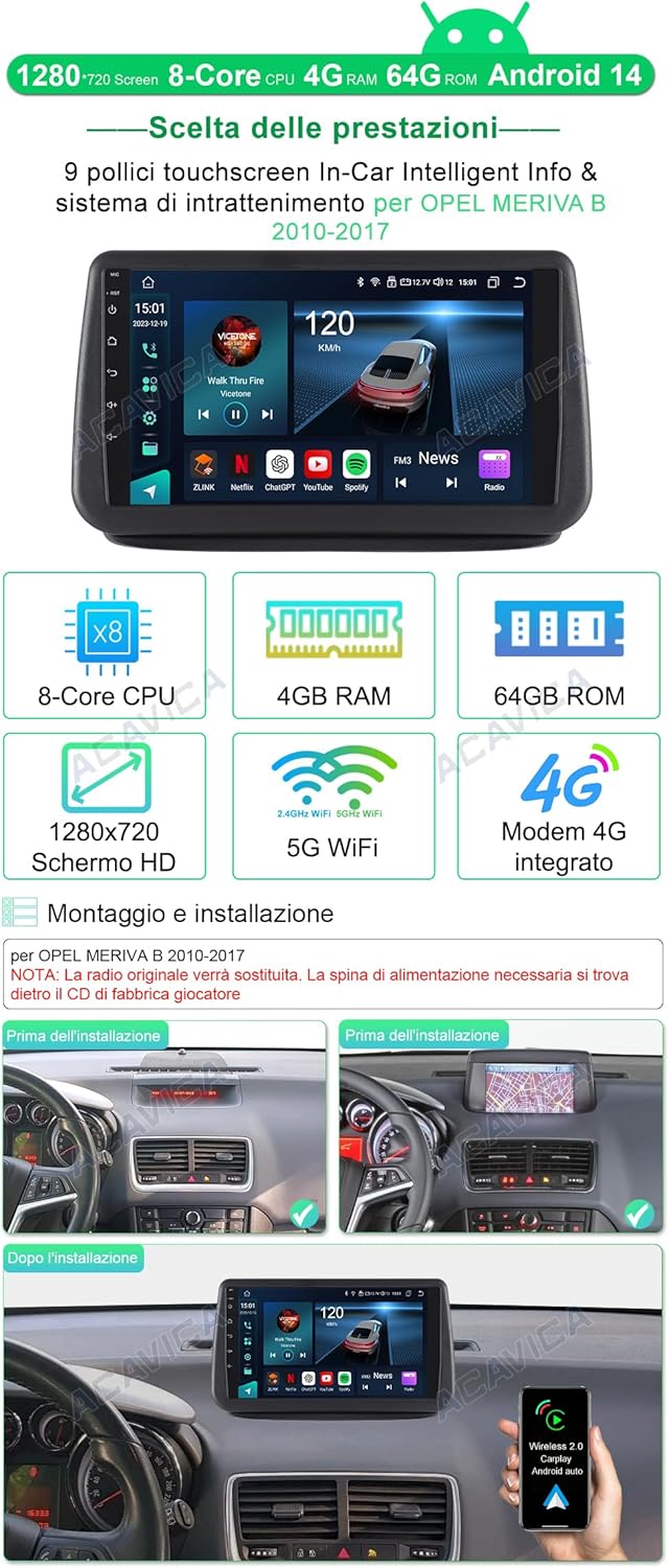 Acavica Autoradio Android 4+64GB per Opel Meriva B - immagine 2