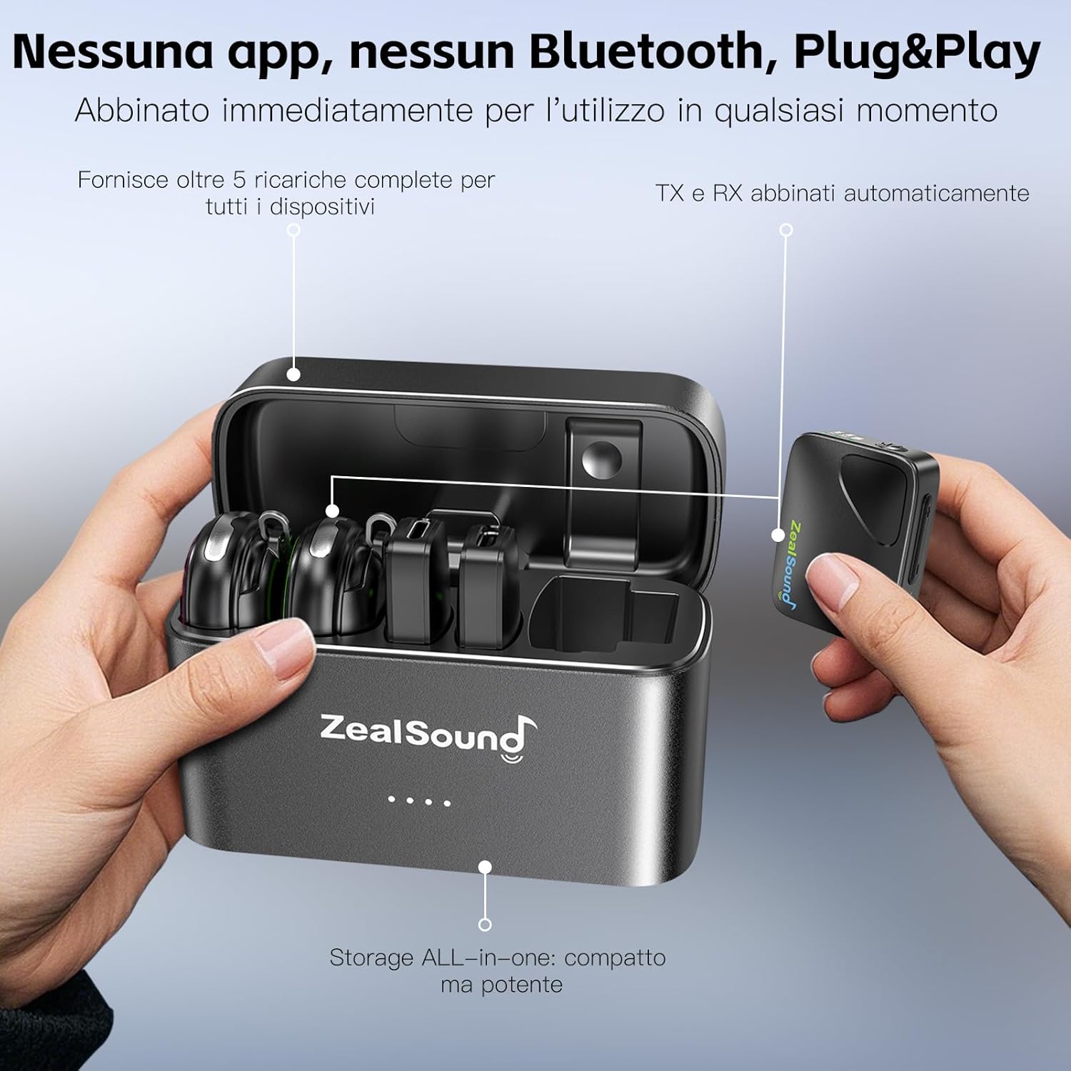 Zealsound Mini Microfono Wireless 2TX+3RX 40h-battery - immagine 4