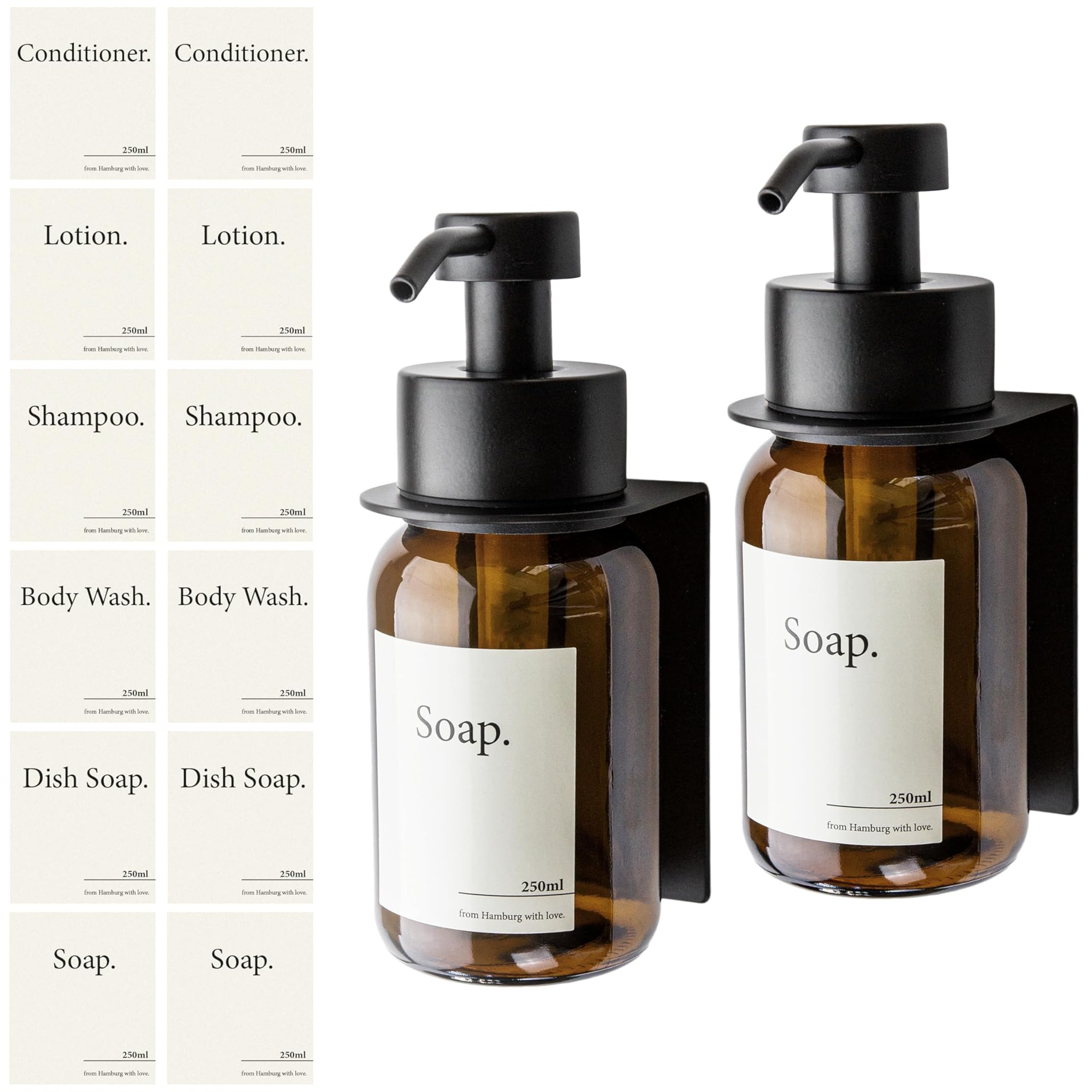 Design Amburgo Dispenser Sapone a Muro Autoadesivo, Nero 250ml (2x)