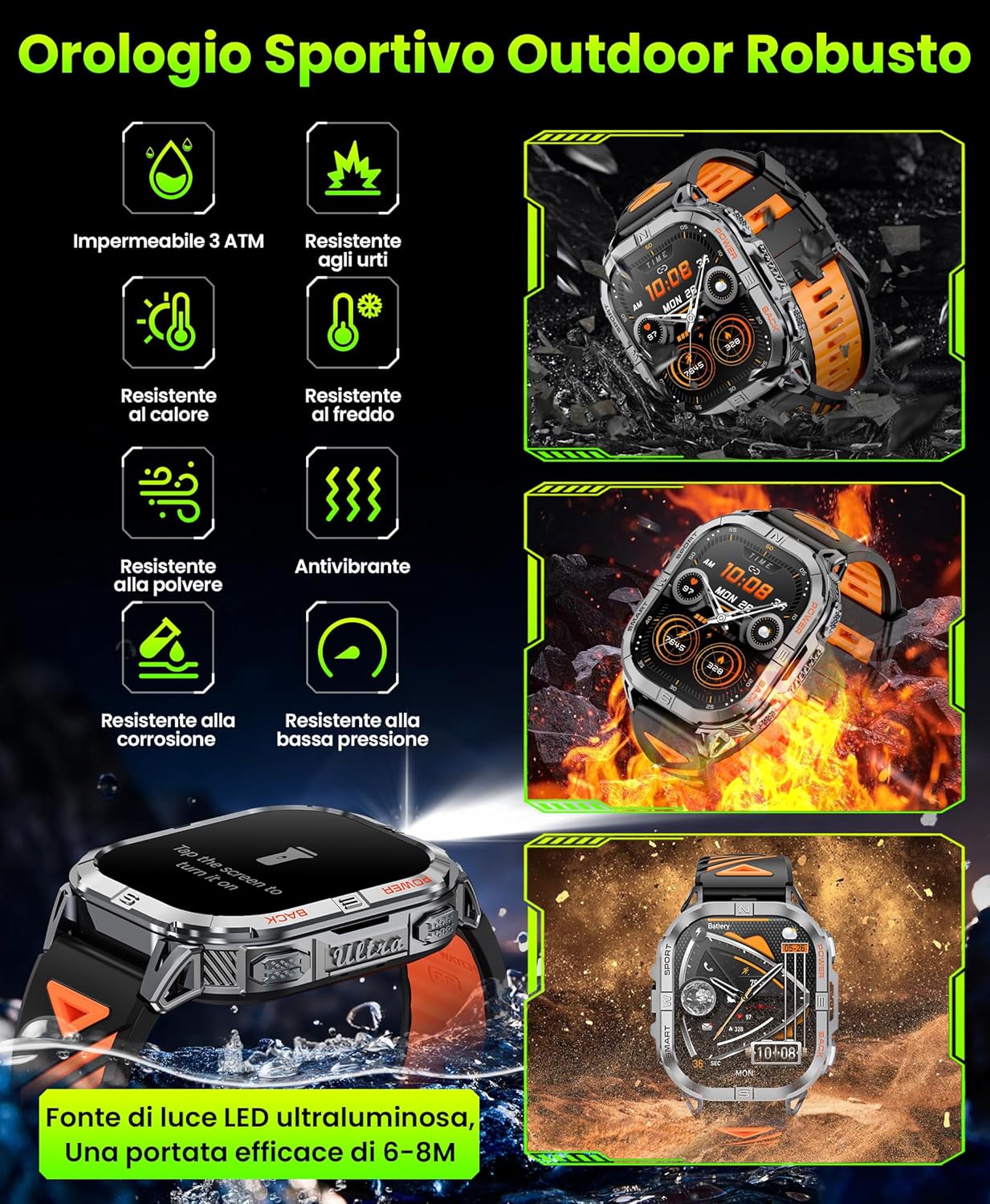 Smartwatch Uomo GPS AMOLED 2.13" con Torcia LED, Nero - immagine 3