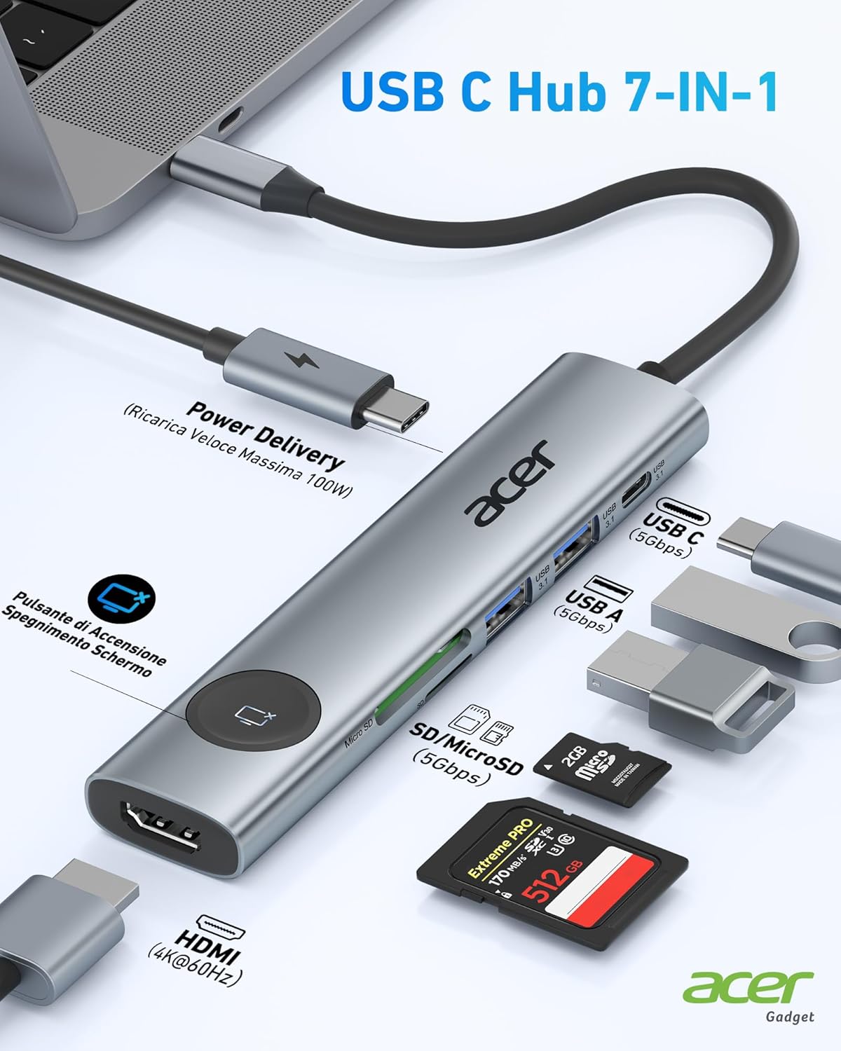 Acer USB C Hub 7-in-1 - HDMI 4K@60Hz, PD 100W - immagine 2