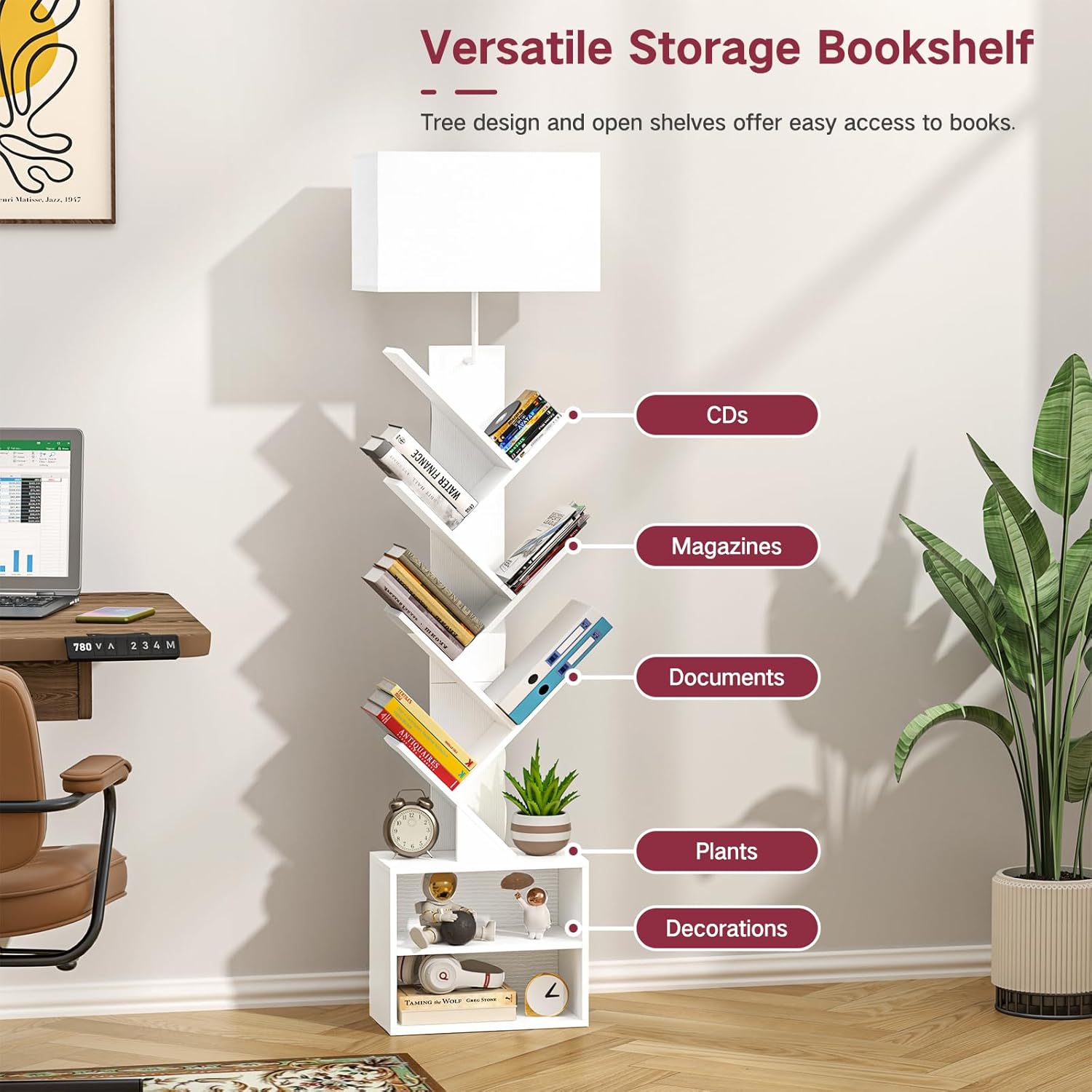 Libreria a Forma di Albero con Luce e Mobiletto, Bianco - immagine 5