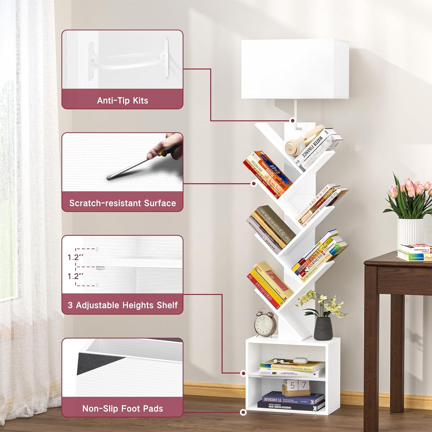 Libreria a Forma di Albero con Luce e Mobiletto, Bianco - immagine 6