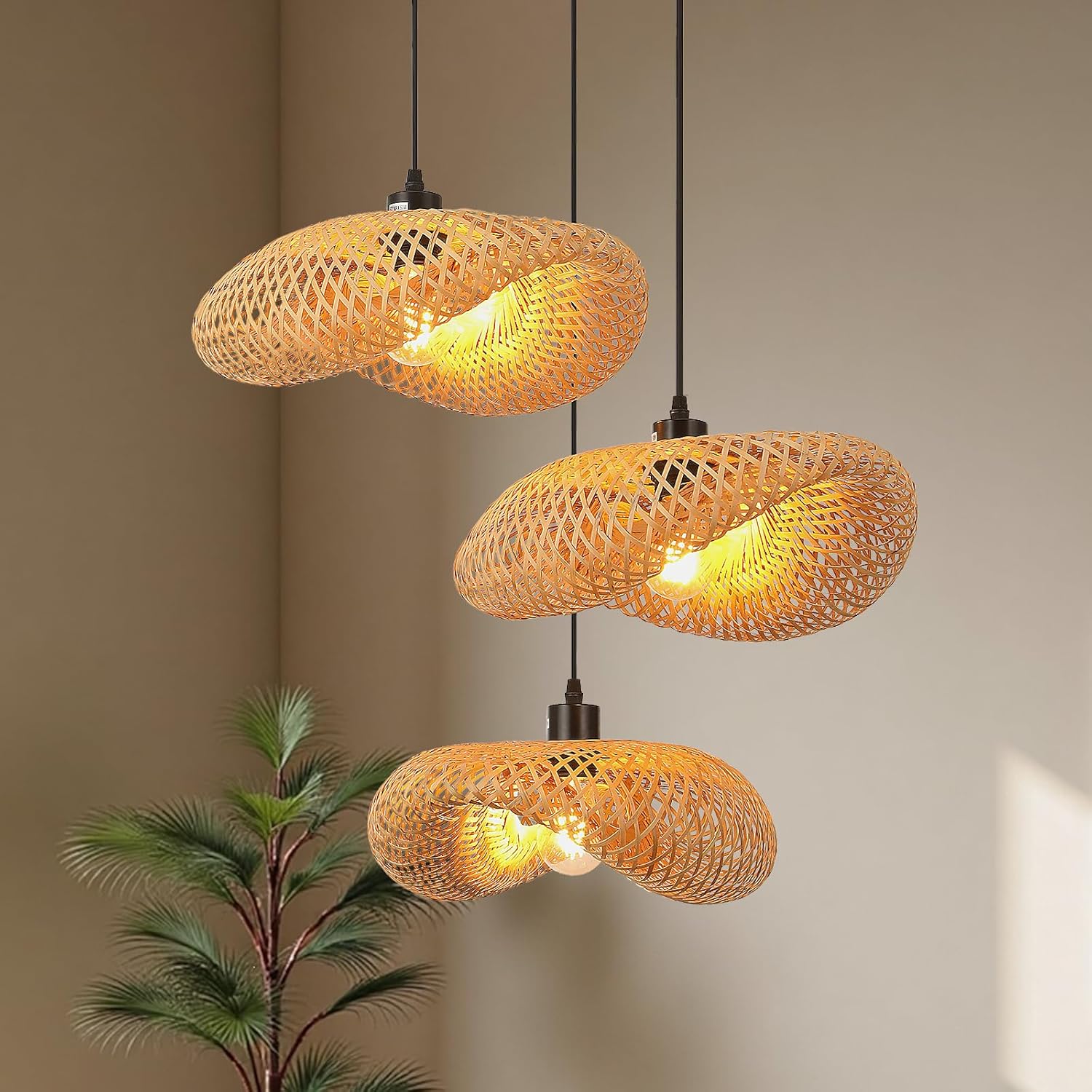 Schindora Lampadario Retrò in Bambù E27 3 Luci - immagine 1