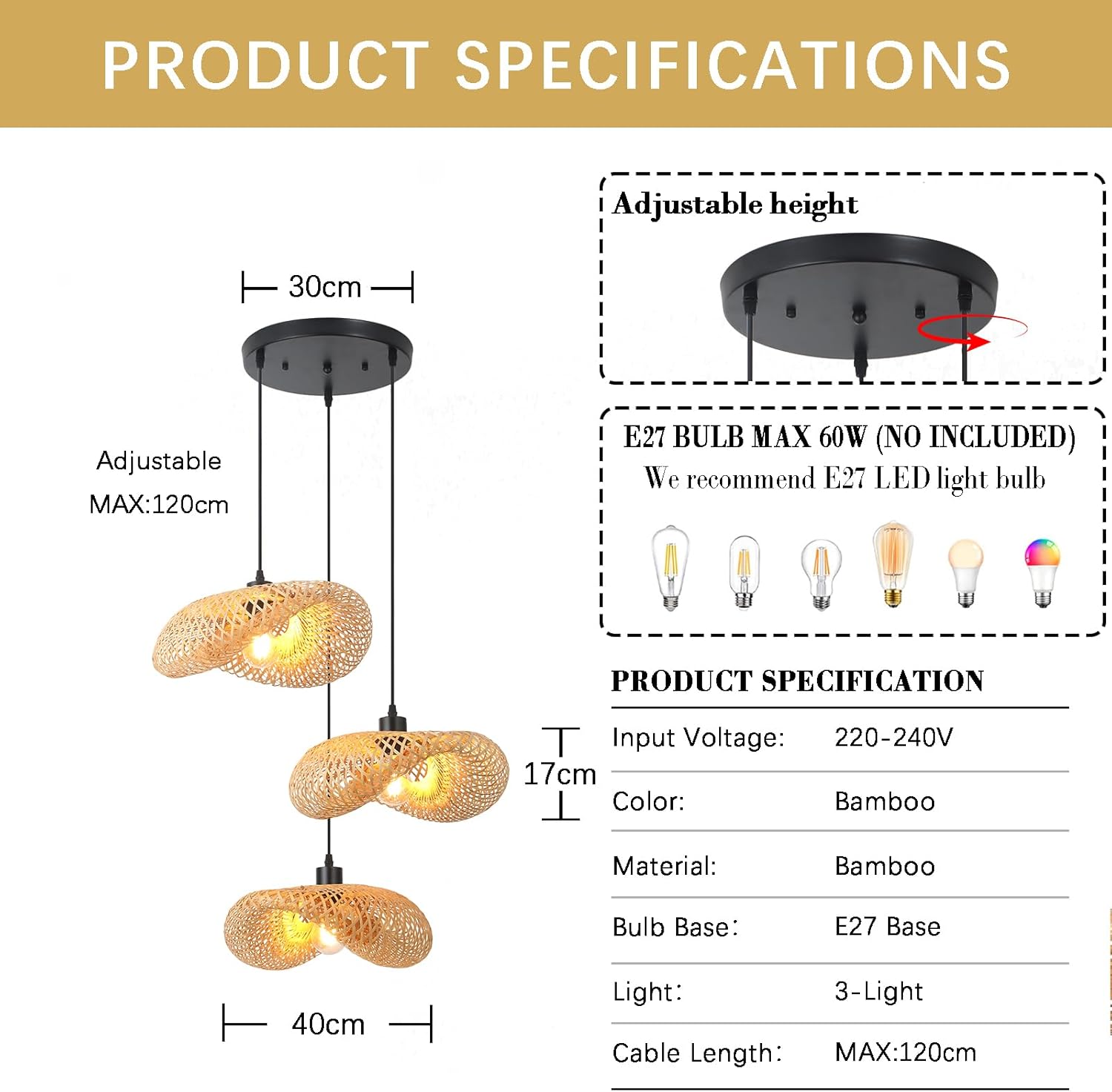 Schindora Lampadario Retrò in Bambù E27 3 Luci - immagine 2