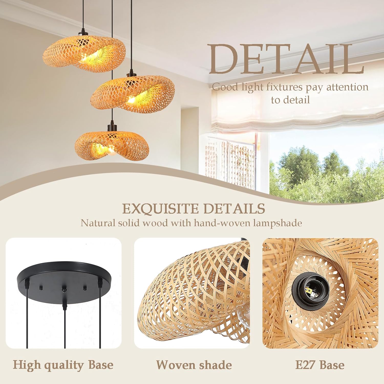 Schindora Lampadario Retrò in Bambù E27 3 Luci - immagine 3