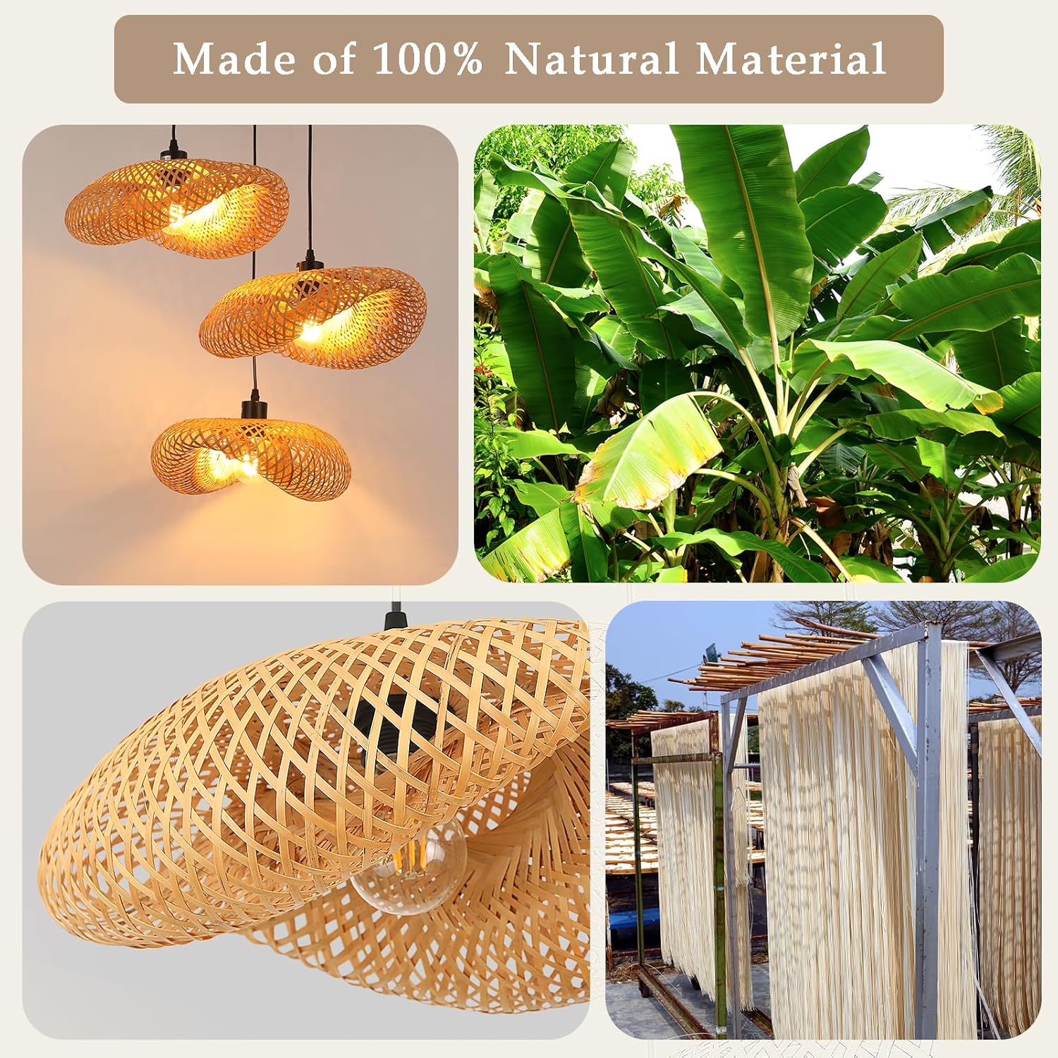 Schindora Lampadario Retrò in Bambù E27 3 Luci - immagine 4