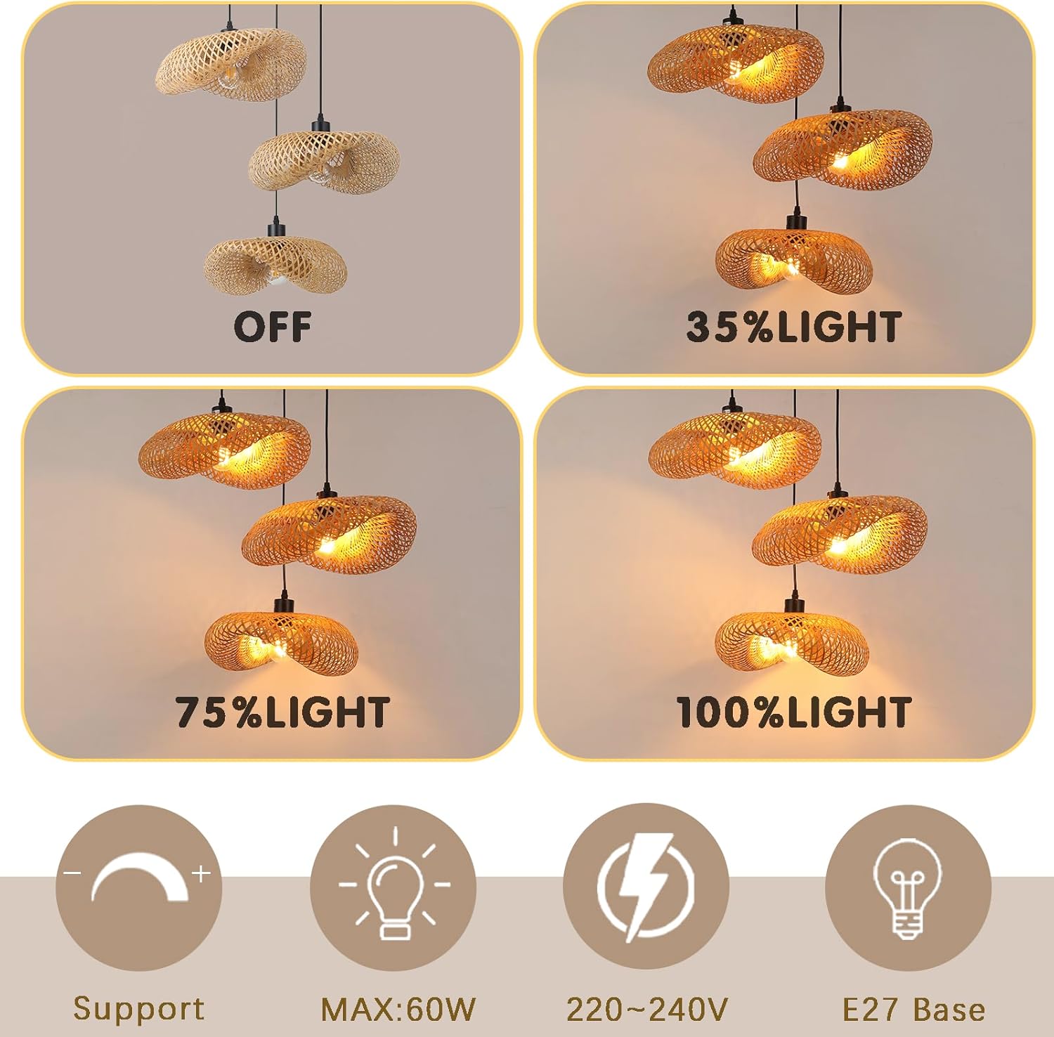 Schindora Lampadario Retrò in Bambù E27 3 Luci - immagine 5