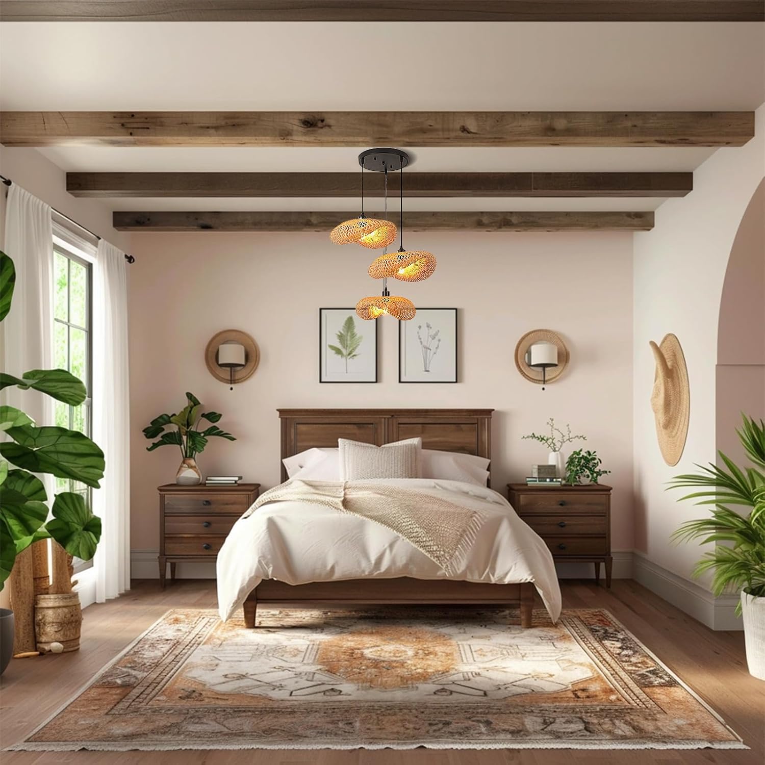 Schindora Lampadario Retrò in Bambù E27 3 Luci - immagine 7