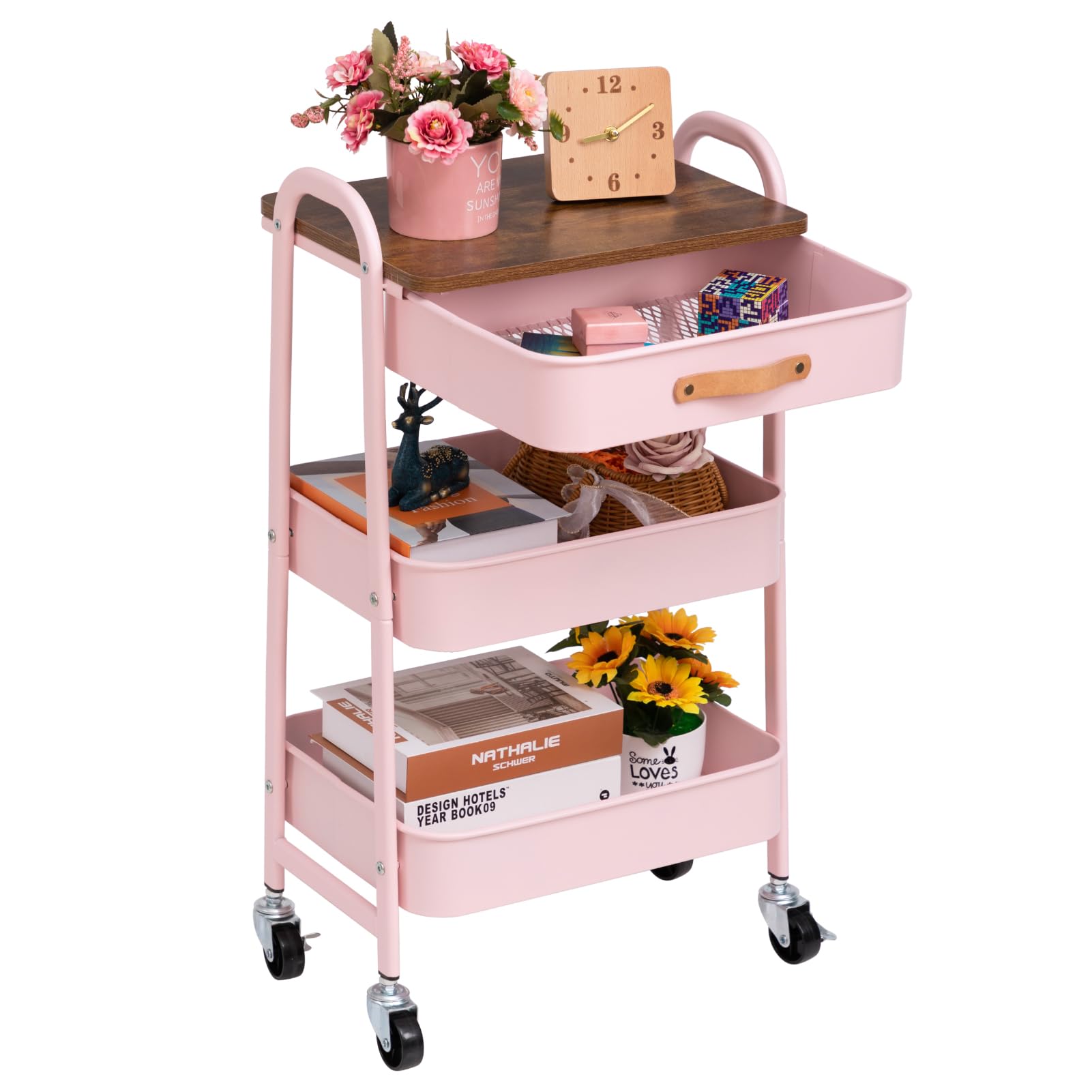 Doeworks Carrello con Ruote 3 Piani, Rosa