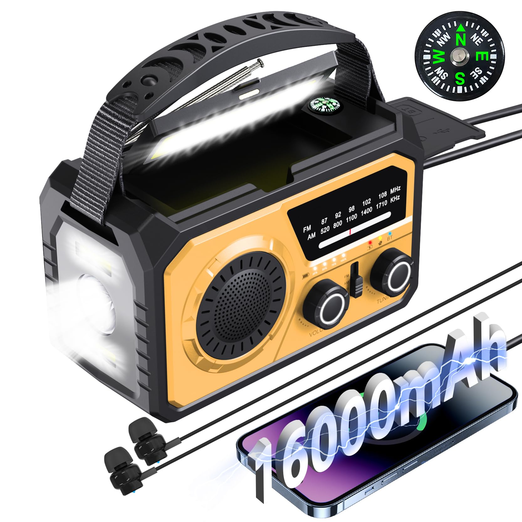 Radio Solare 16000 mAh AM/FM Portatile Emergenza, Arancione