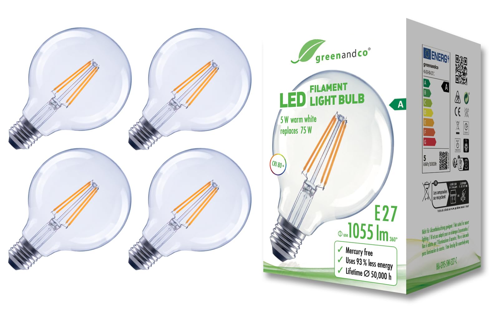 Greenandco - 4 Lampadine LED Filamento E27 G95 5W
