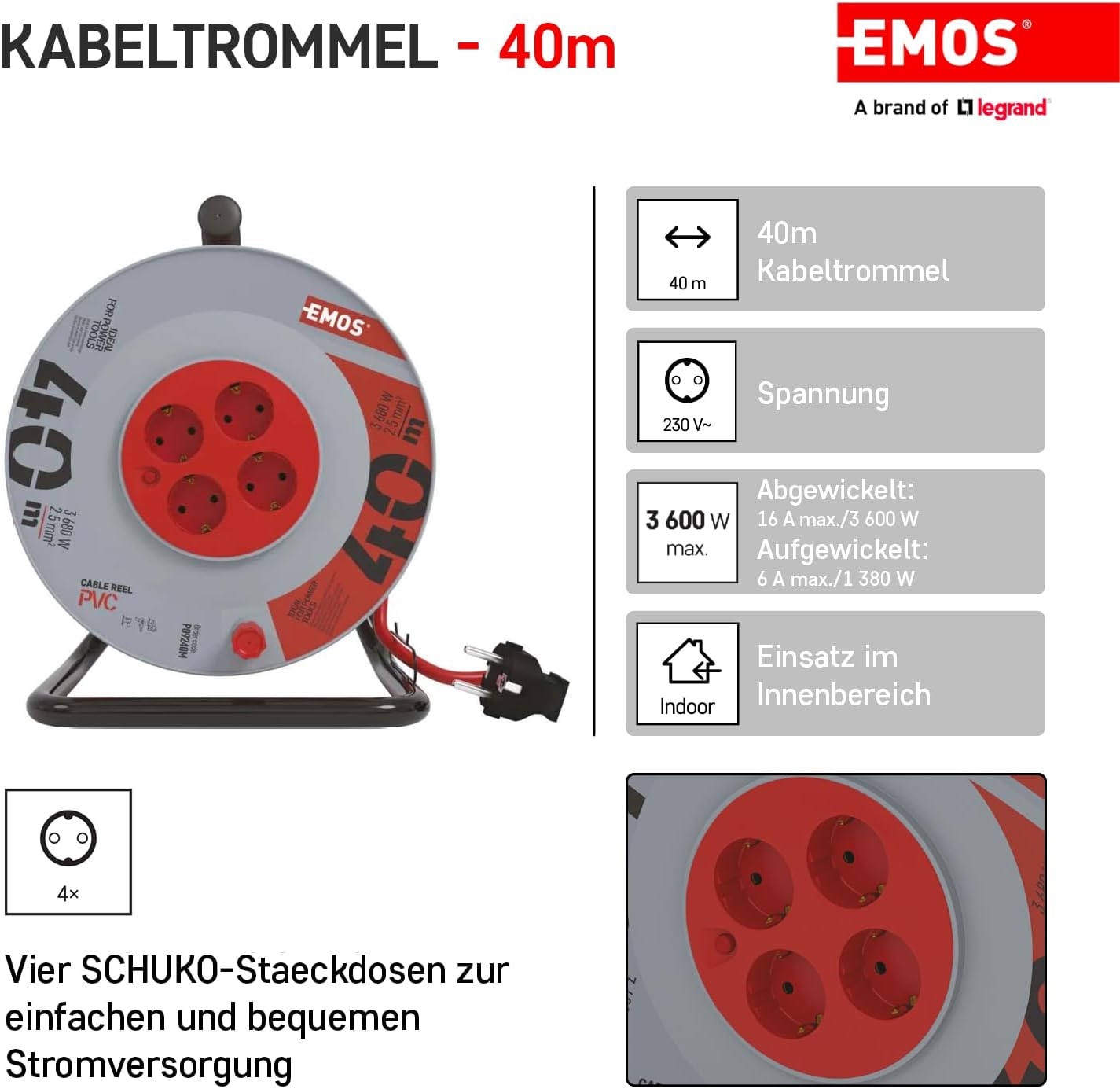 Emos - Avvolgicavo 40m con Prolunga Rinforzata - immagine 2