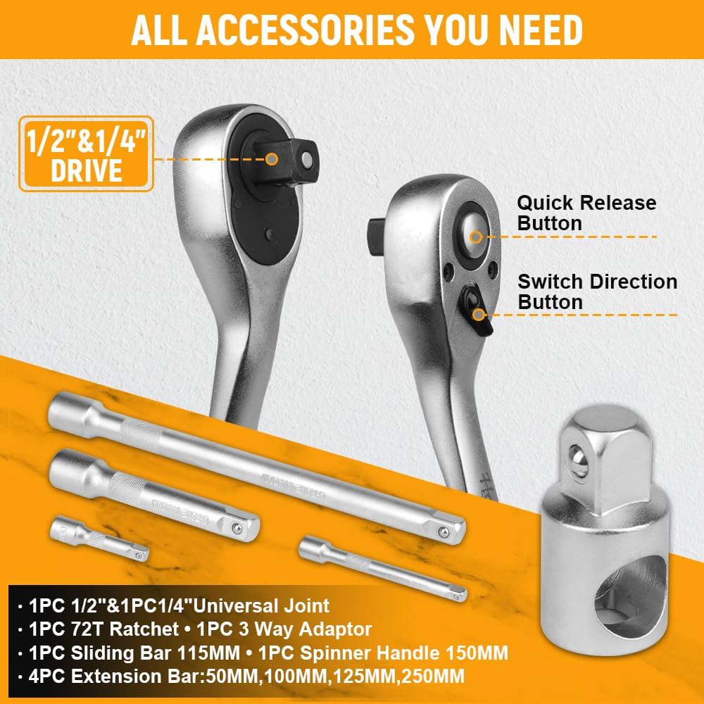 Hoteche Set Bussole 110 Pezzi 1/4" e 1/2" - immagine 5