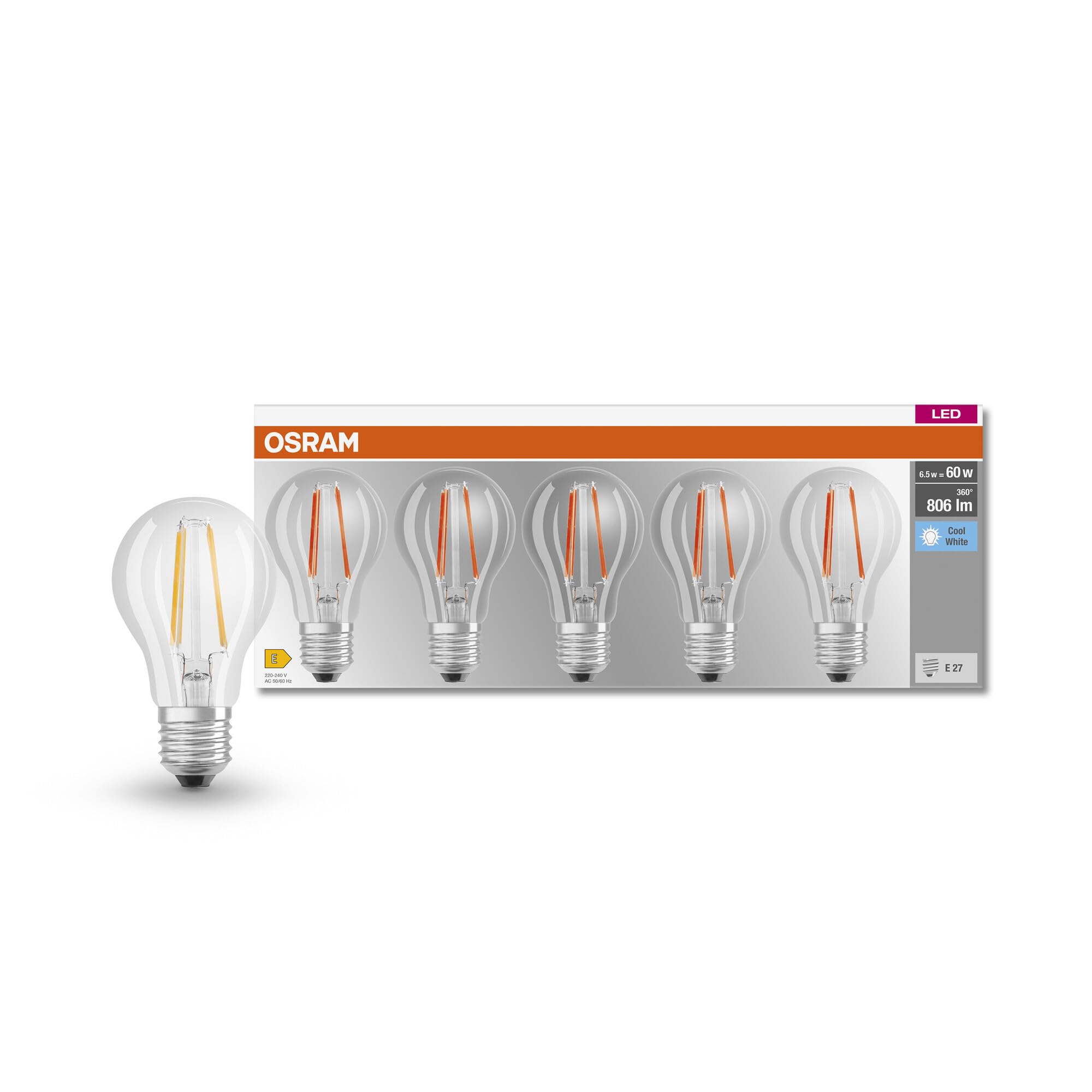 Osram LED BASE Classic A60 E27 - Bianco Freddo (5 Pezzi)