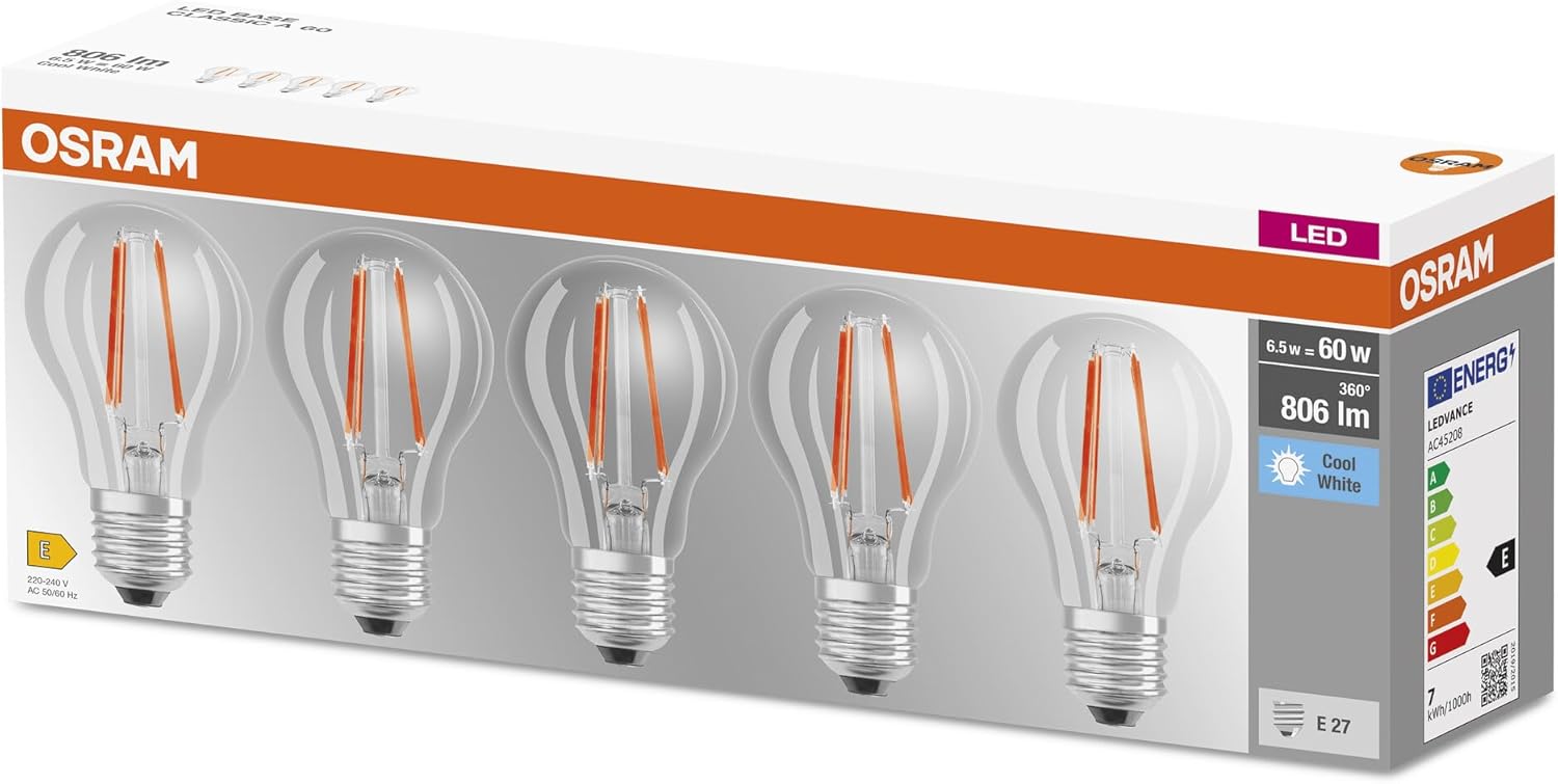 Osram LED BASE Classic A60 E27 - Bianco Freddo (5 Pezzi) - immagine 4