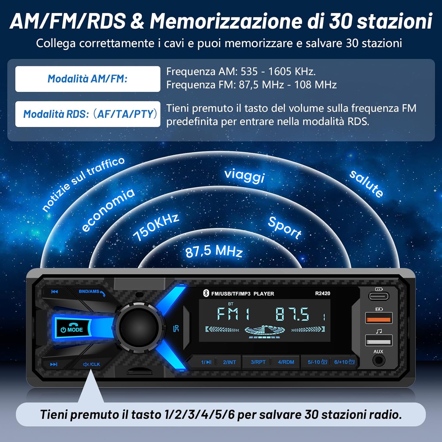 Wistrue Autoradio Bluetooth 1DIN con RDS - immagine 4