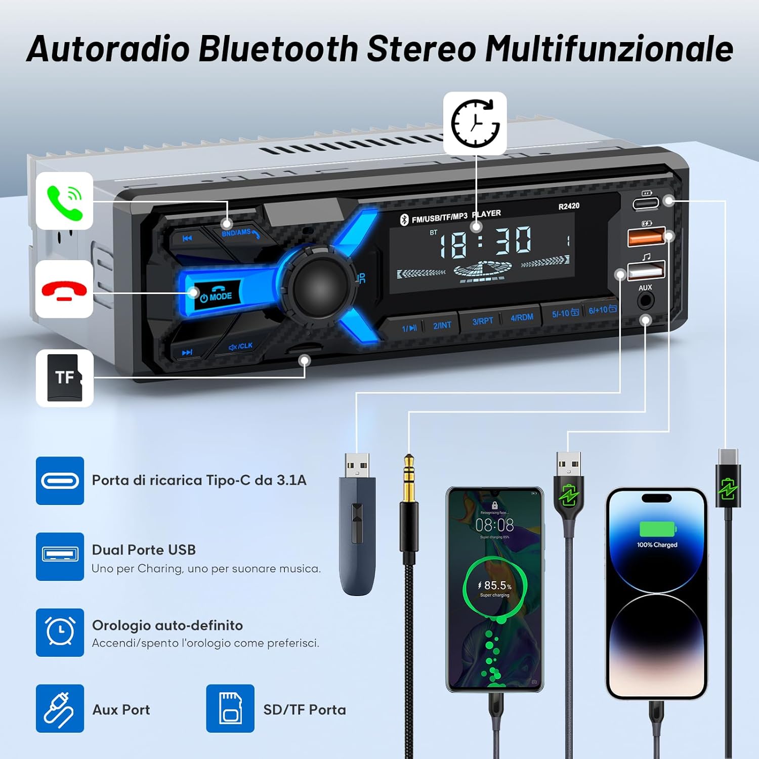 Wistrue Autoradio Bluetooth 1DIN con RDS - immagine 5