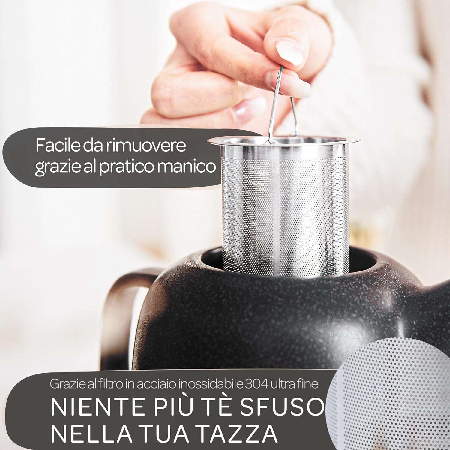 Steinzeit Design Teiera con Infusore 1,3L, Nera - immagine 3