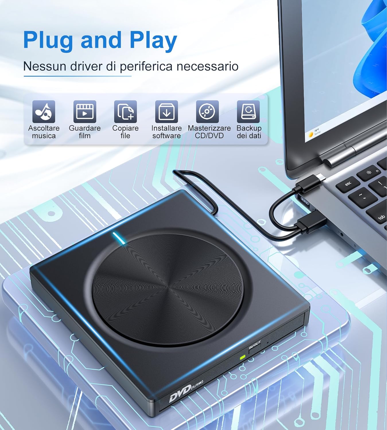 Lettore Masterizzatore CD/DVD Esterno USB 3.0 & Type C - immagine 2