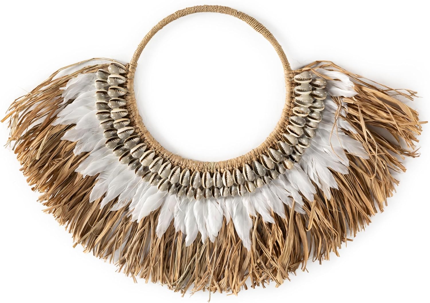 ESCULTURA 65X5X48 SISAL NATURAL/PLUMA BLANCO/CONCHA GRIS