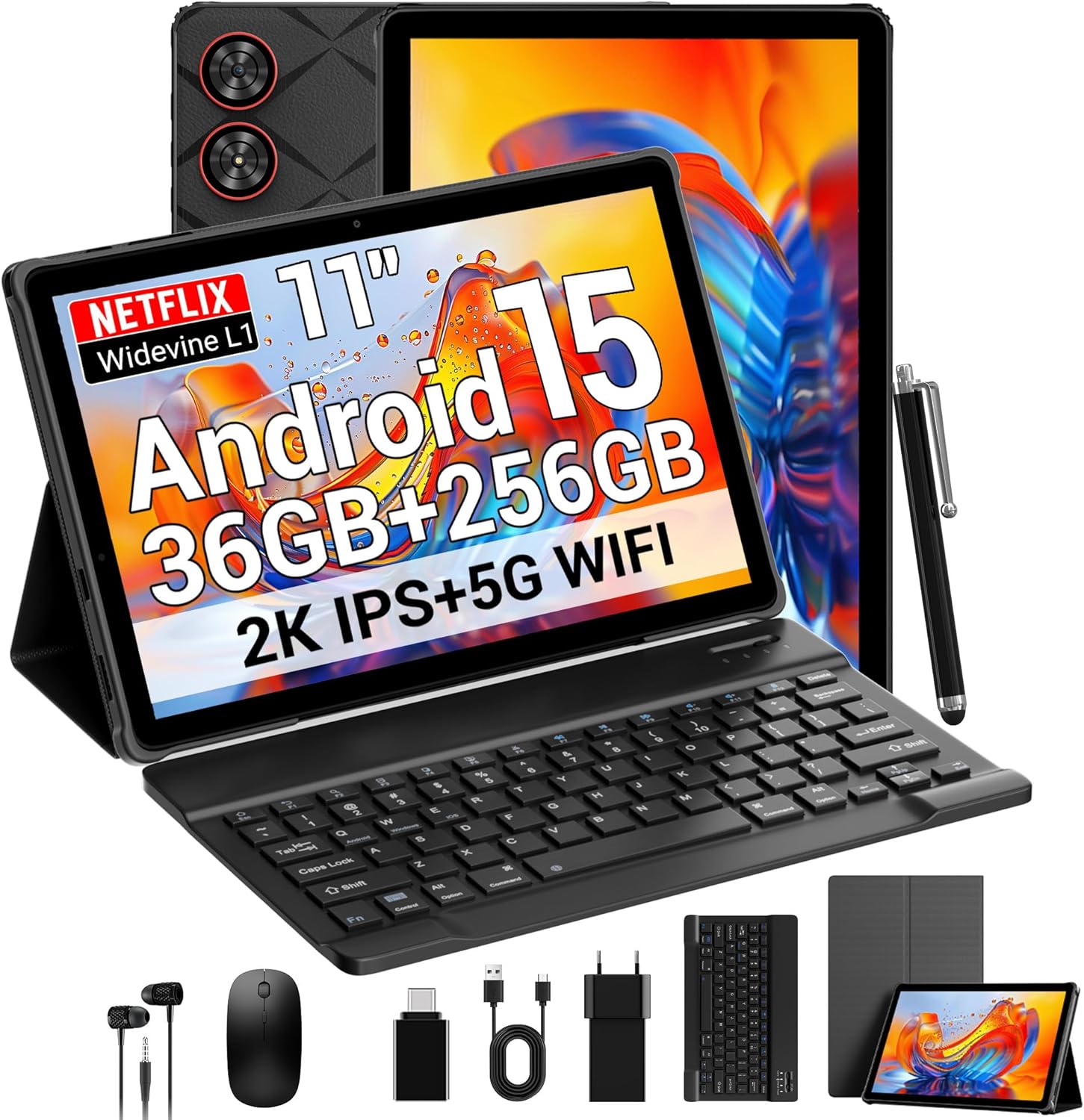 Tablet 11 Pollici Android 15 2K con Tastiera e Mouse, Nero - immagine 1