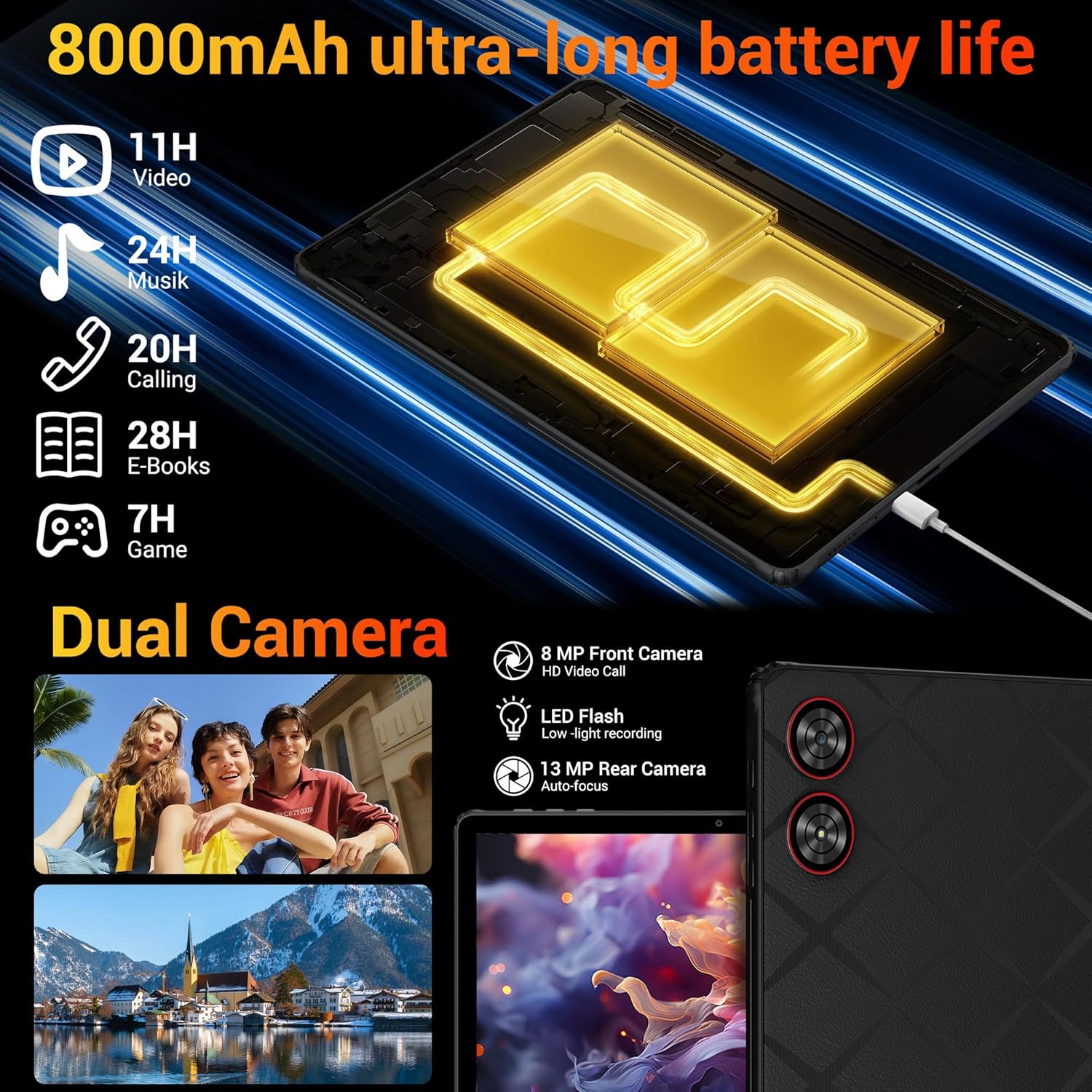 Tablet 11 Pollici Android 15 2K con Tastiera e Mouse, Nero - immagine 5