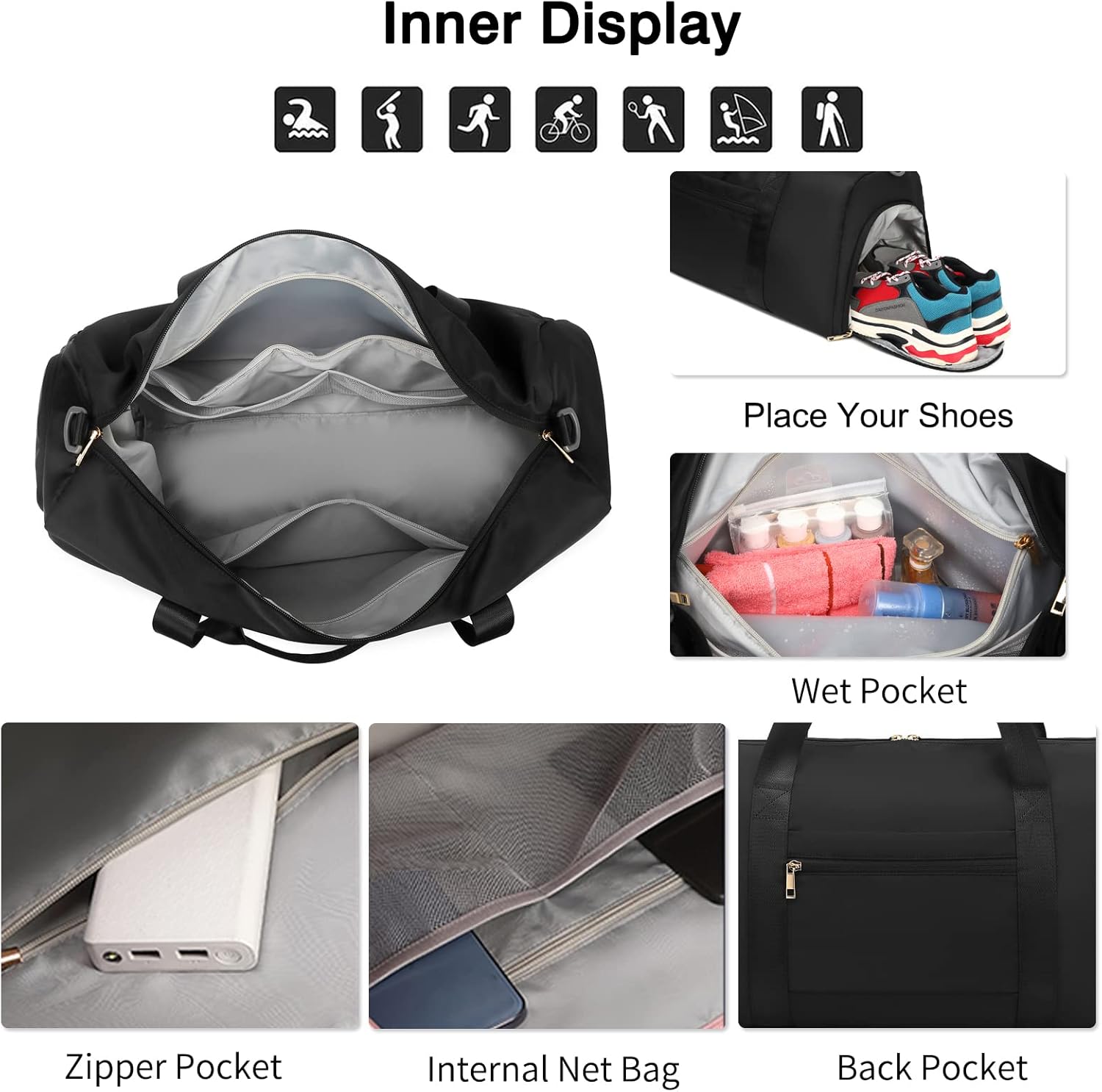 FANDARE Borsone da Viaggio Donna 2 pz/set, Nero - immagine 4