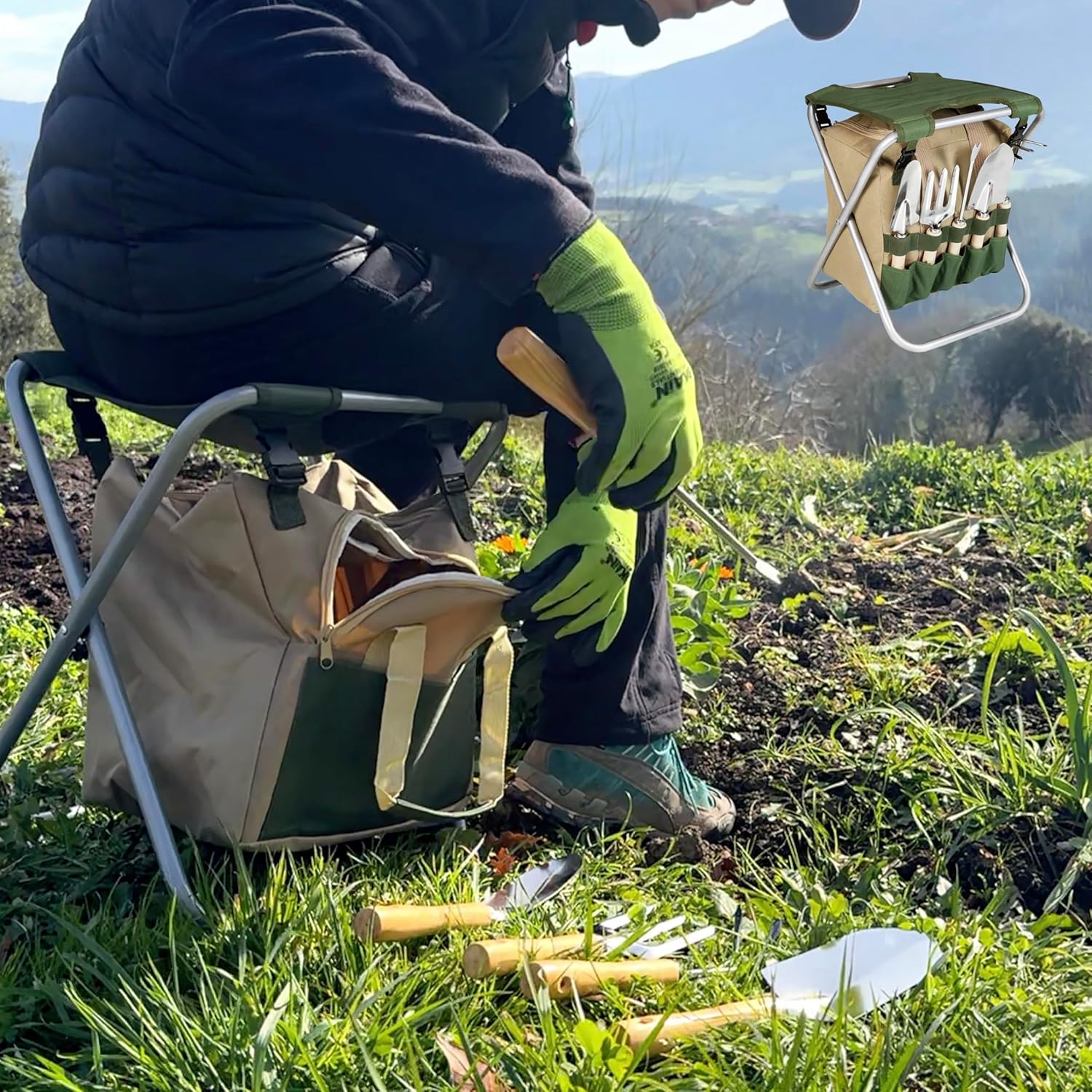 Bikain Sgabello Pieghevole da Giardino con Attrezzi - immagine 5