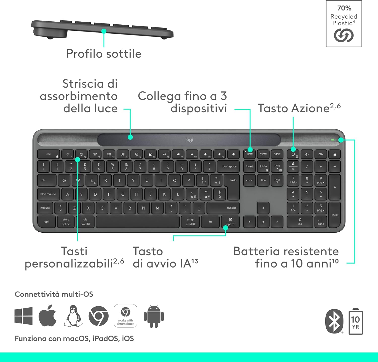 Logitech Signature Slim Solar+ - Tastiera Wireless Solare, Grafite - immagine 7