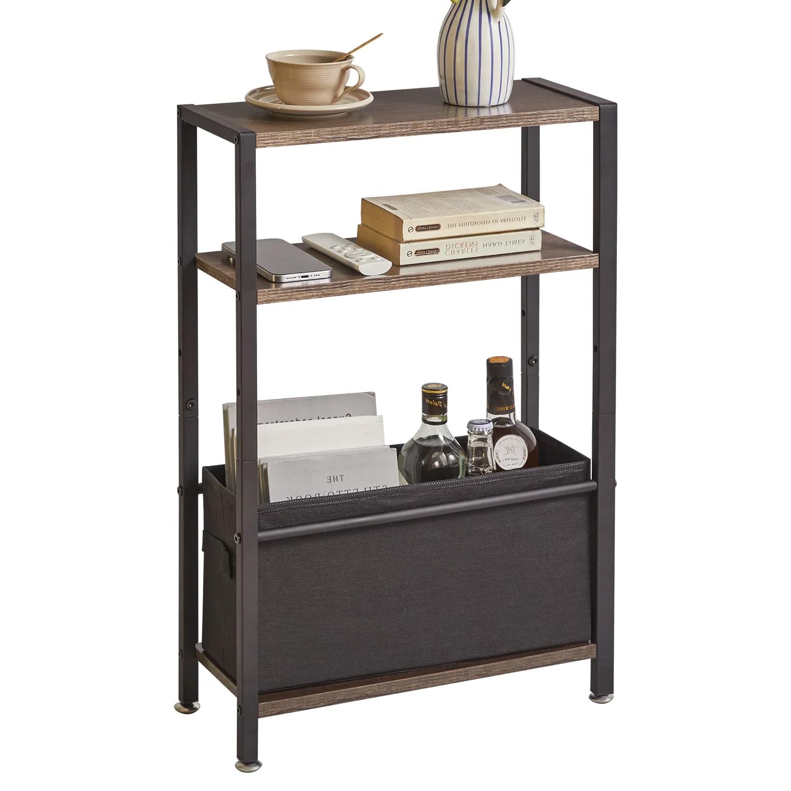 Tavolino con Contenitore Sottile 3 Ripiani, Grigio Scuro