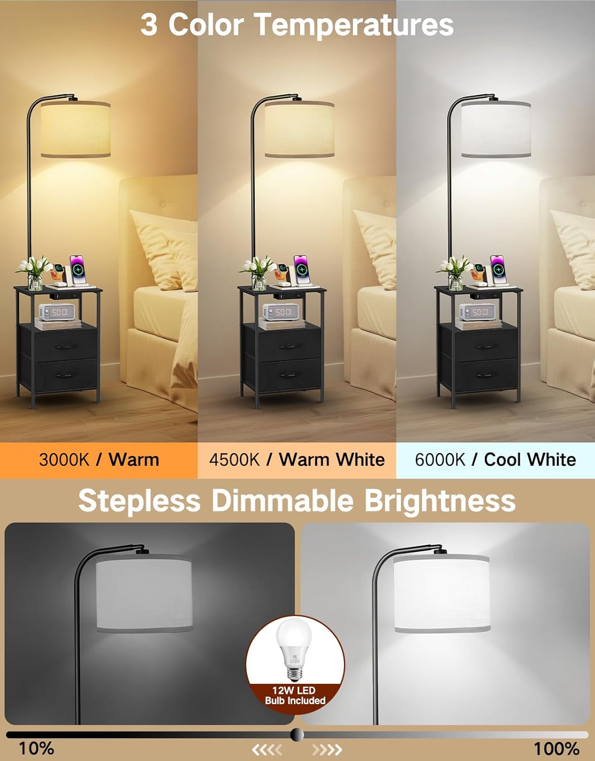 Lampada da Terra con Tavolino e 2 Cassetti in Tessuto - immagine 2