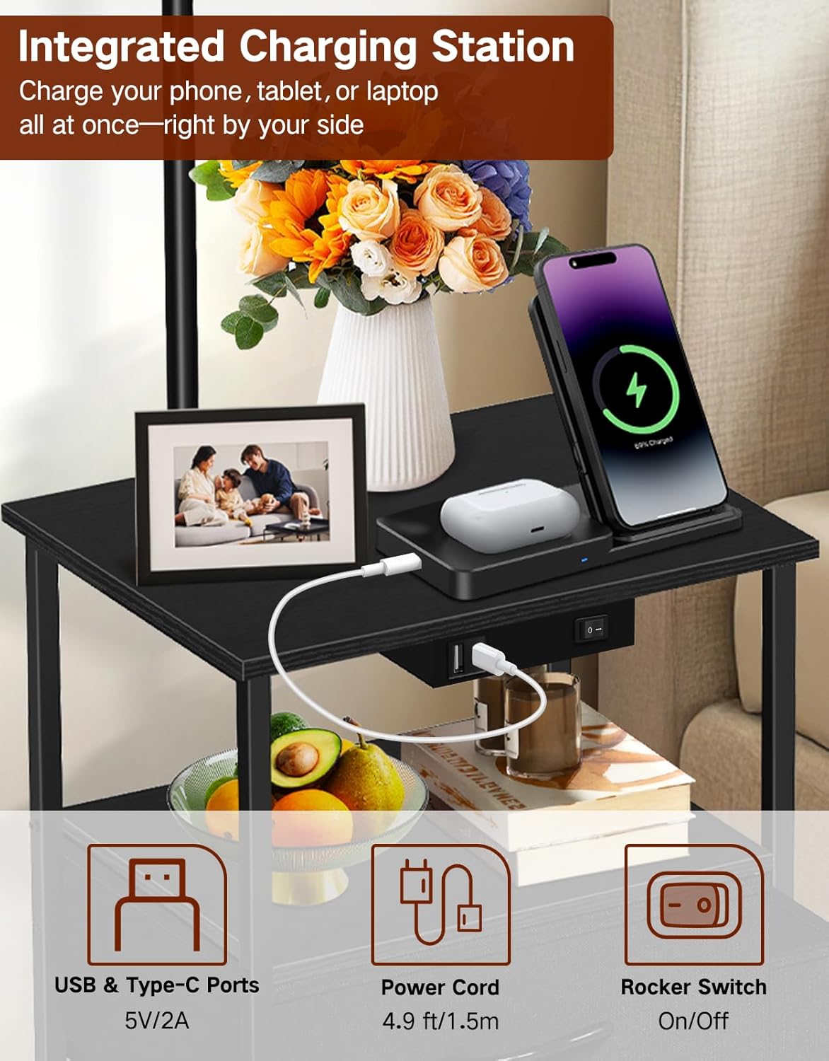 Lampada da Terra con Tavolino e 2 Cassetti in Tessuto - immagine 3