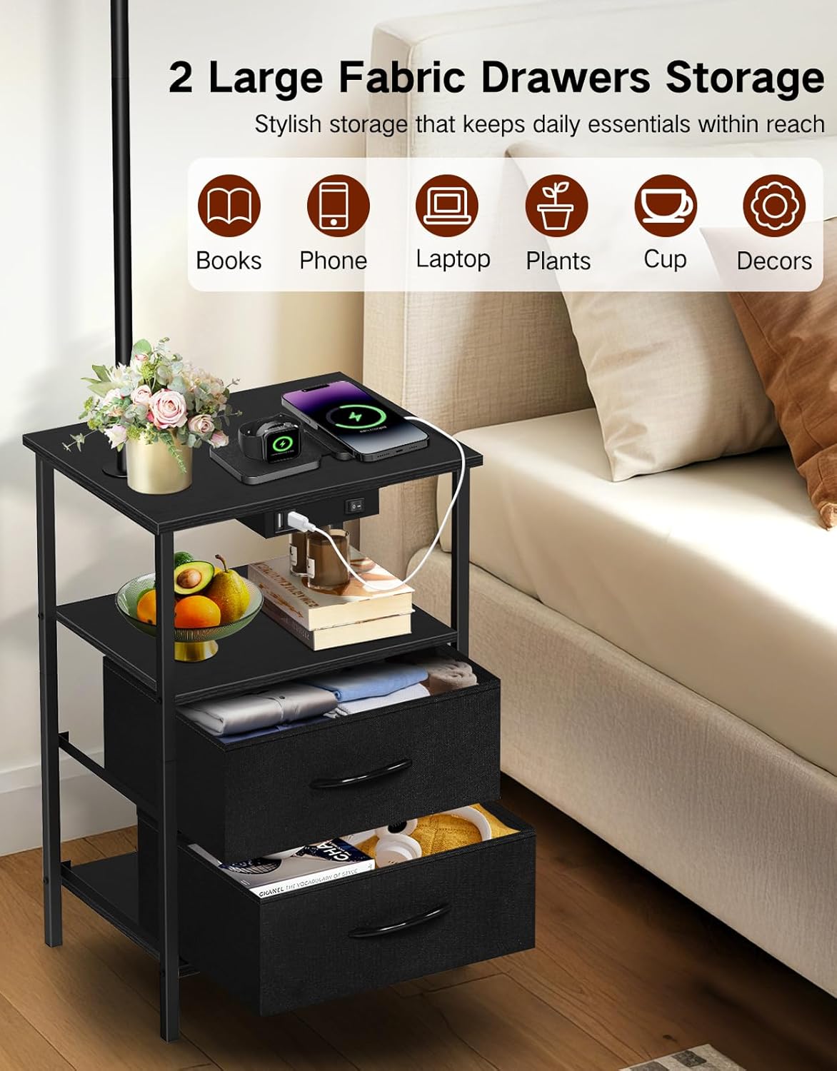 Lampada da Terra con Tavolino e 2 Cassetti in Tessuto - immagine 4