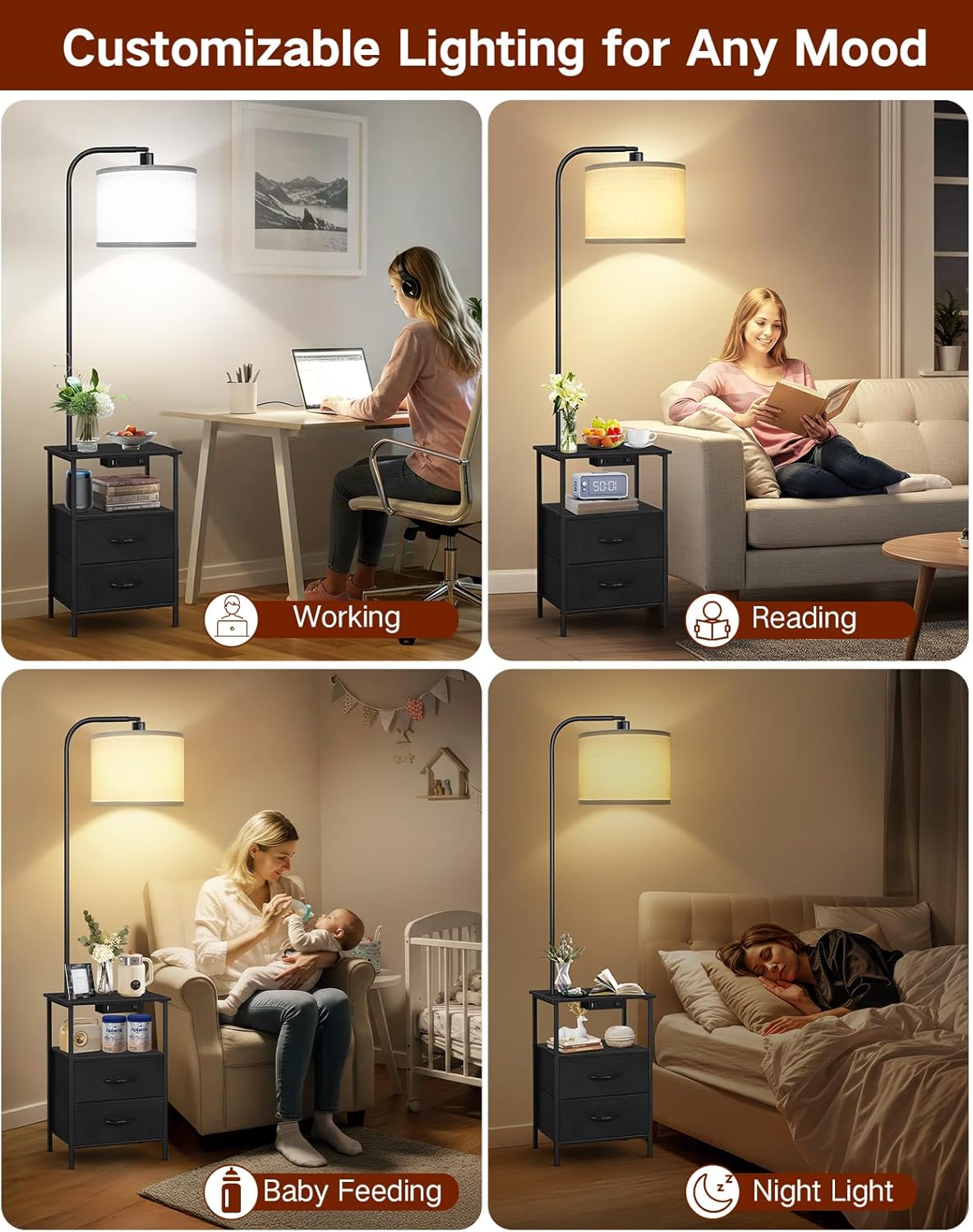 Lampada da Terra con Tavolino e 2 Cassetti in Tessuto - immagine 6