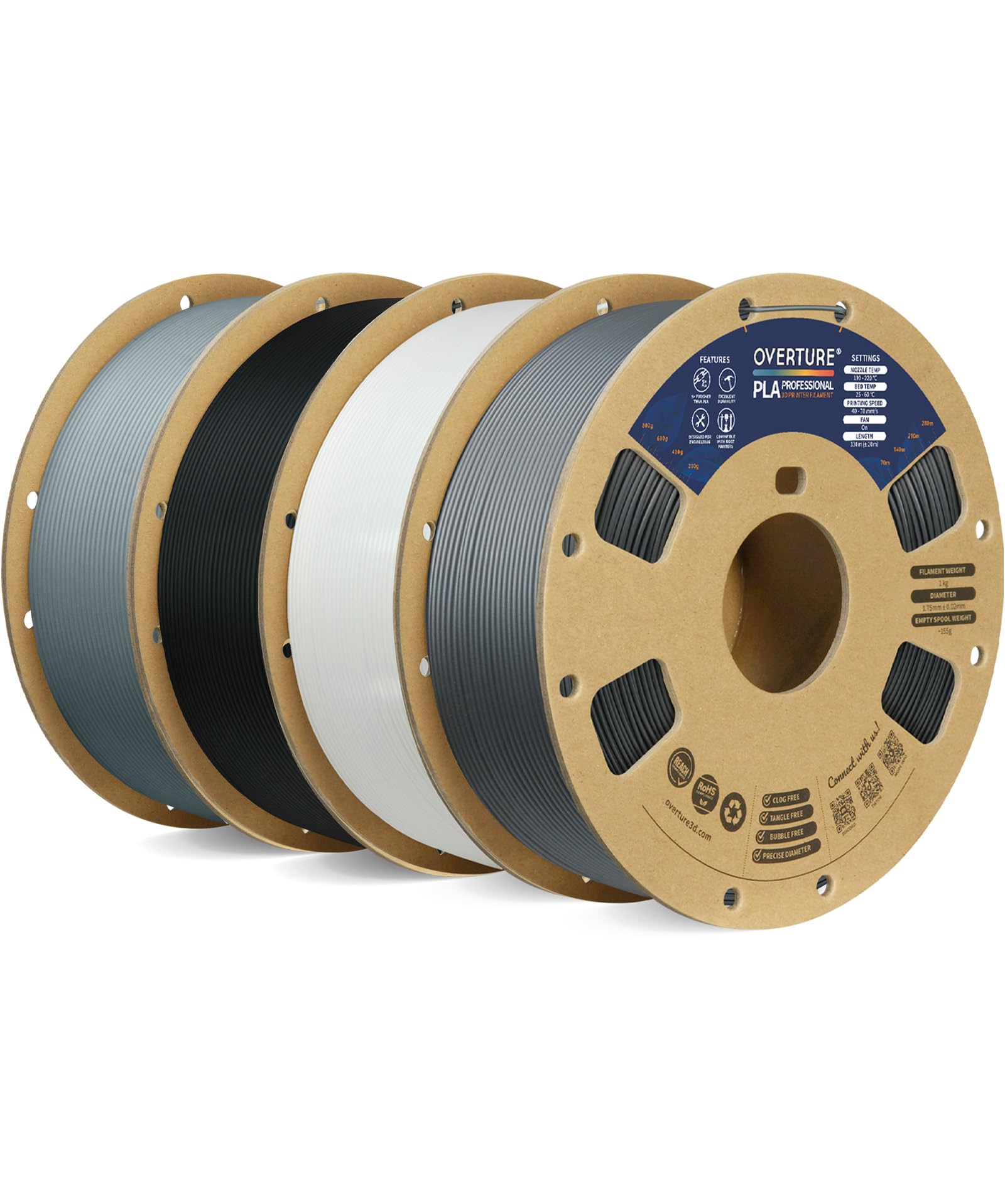 Overture PLA+ Filamento 1.75mm, 4kg (Nero+Bianco+Grigio Chiaro+Grigio Spazio)