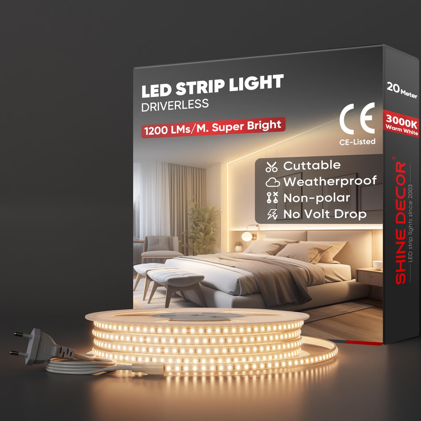 Shine Decor Striscia LED COB 20m IP65, Bianco Caldo