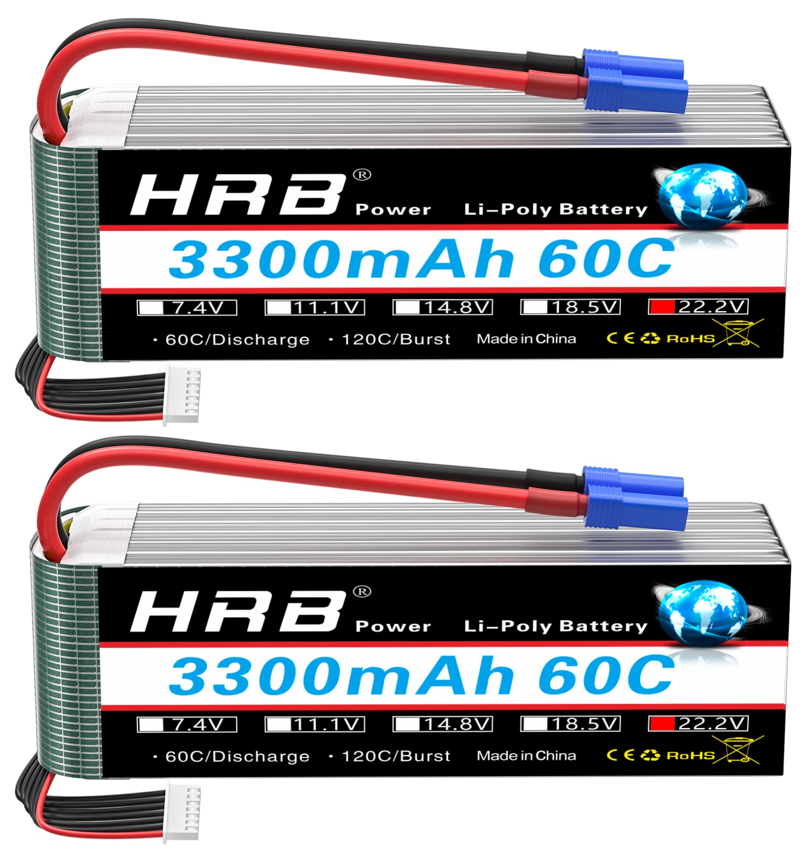 HRB 2PCS 6S 22.2V 3300mAh 60C Lipo Batteria con Spina EC5