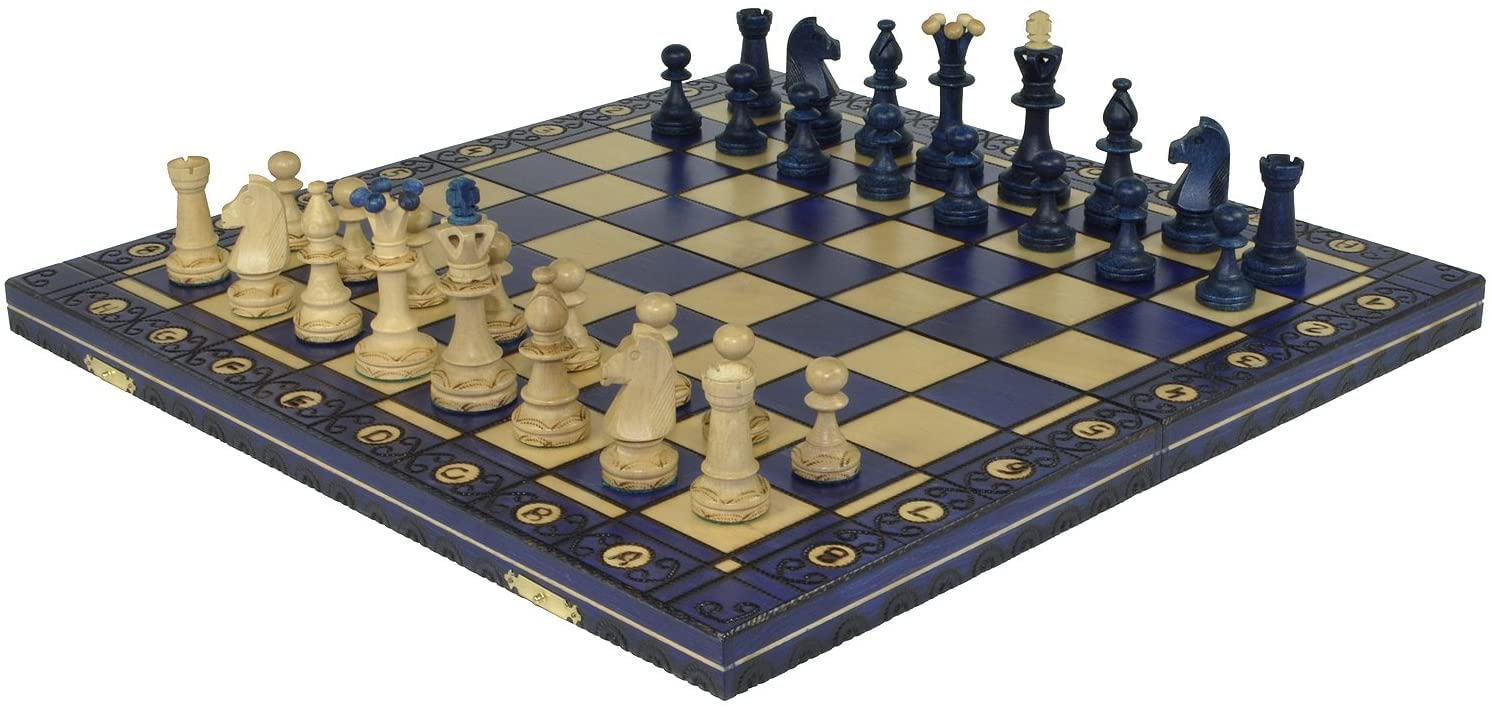 Chess and games shop Muba - Set di scacchi in legno fatto a mano con tavola in legno e scacchi fatti a mano – idea regalo (40 cm) blu, 1-2 giocatori, Età: 12+