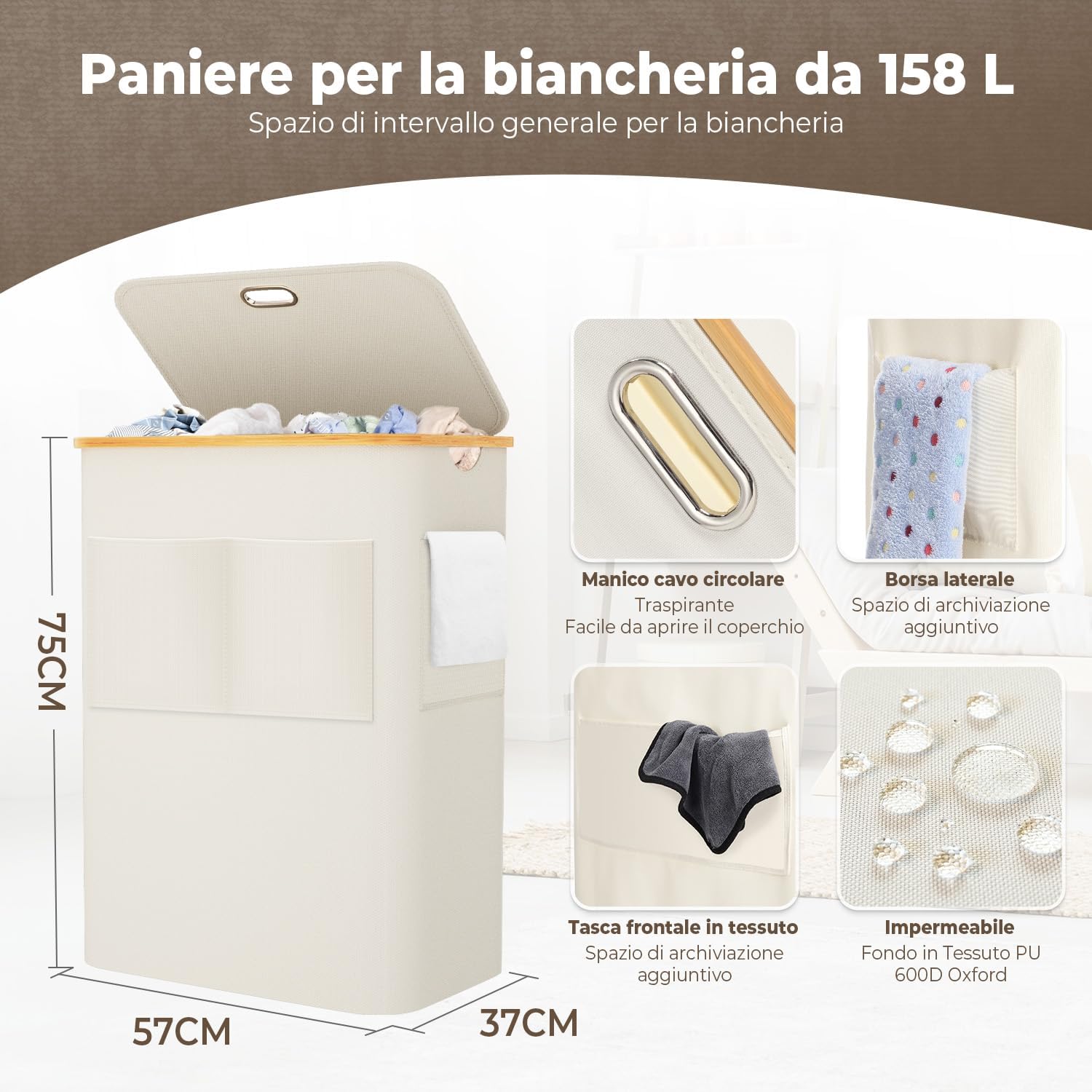 Ousfot Cesto Biancheria 158L con 3 Scomparti, Beige - immagine 3