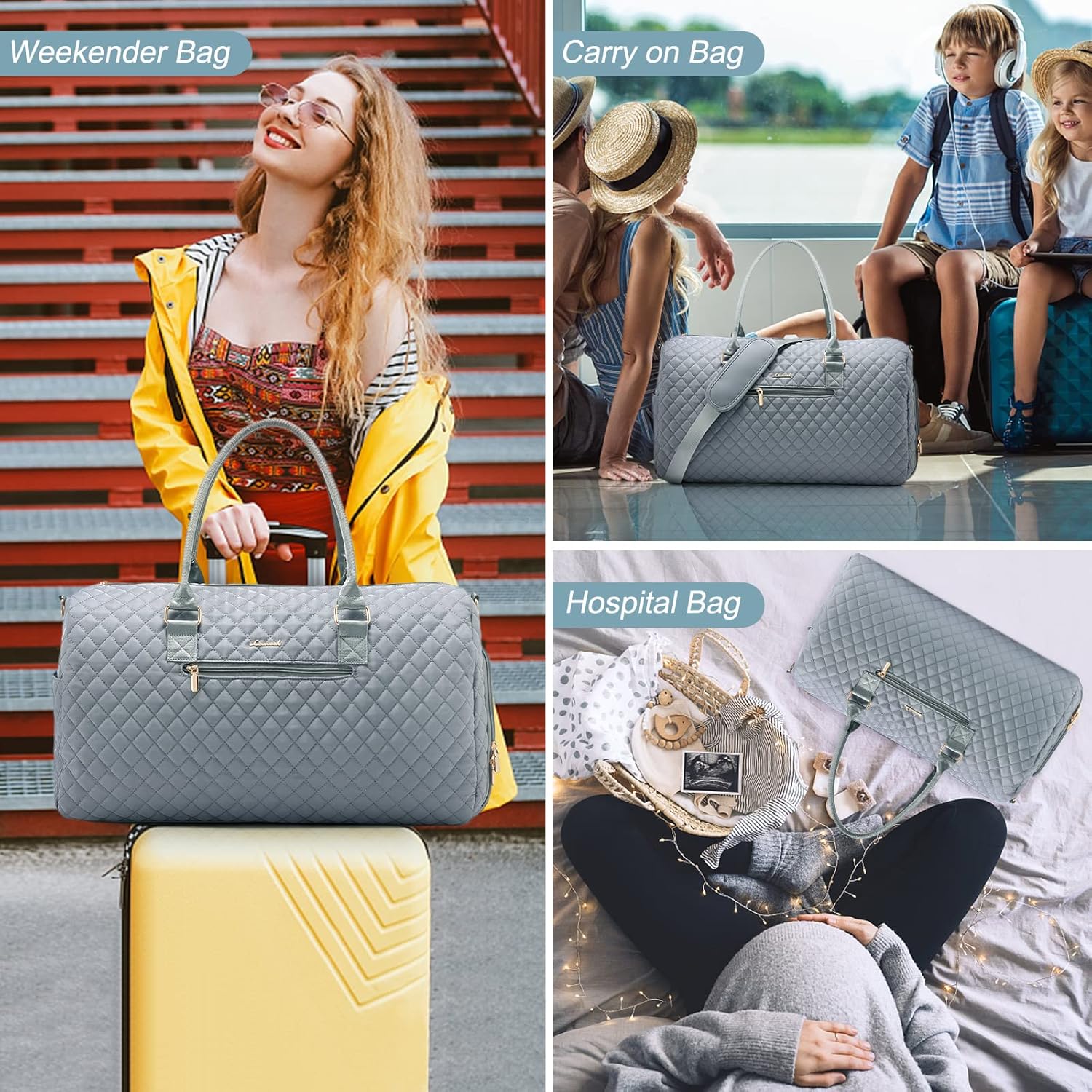 LOVEVOOK Borsone da Viaggio Donna Grigio Chiaro - immagine 2