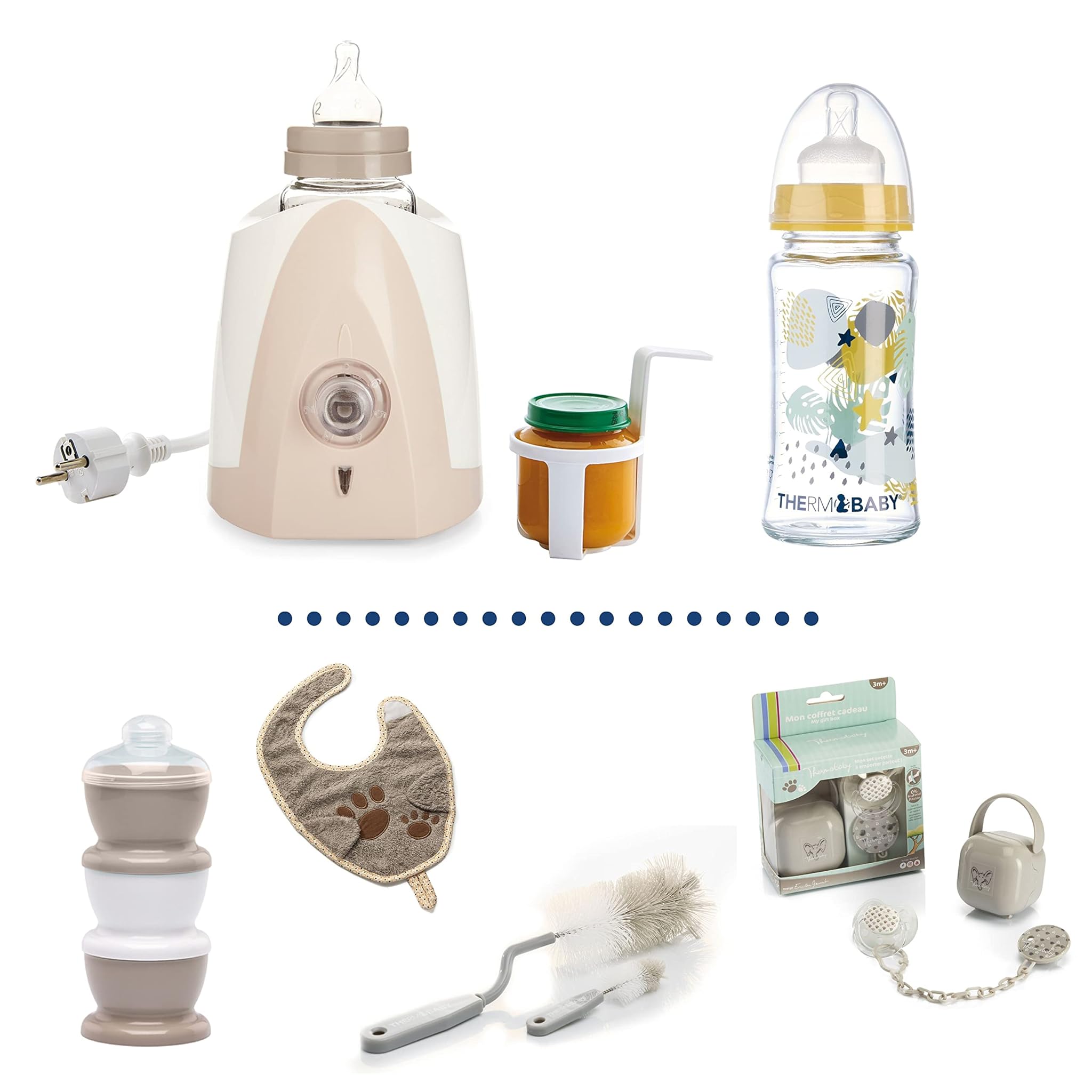 THERMOBABY Confezione da pranzo per 1° età, scaldabiabiberon - Biberon - Contenitore per latte - Perno per biberon - Bavaglino con chiusura a ciuccio, confezione regalo